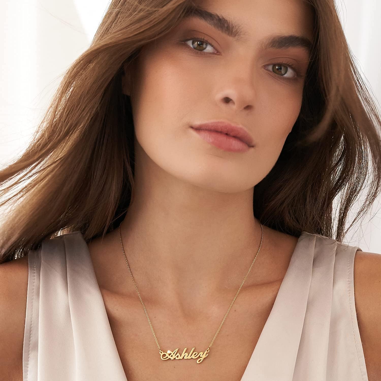 Personalized Hollywood Small Nameplate Necklace - Upgrade with 0.02ct or 0.05ct Diamond