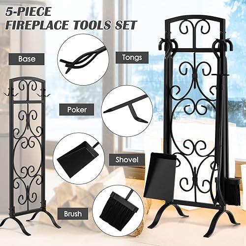 Vista 12 de Tangkula Juego de chimenea de 5 piezas, rústico, resistente, compacto, de hierro forjado, juego de herramientas con pedestal, herramienta de hogar