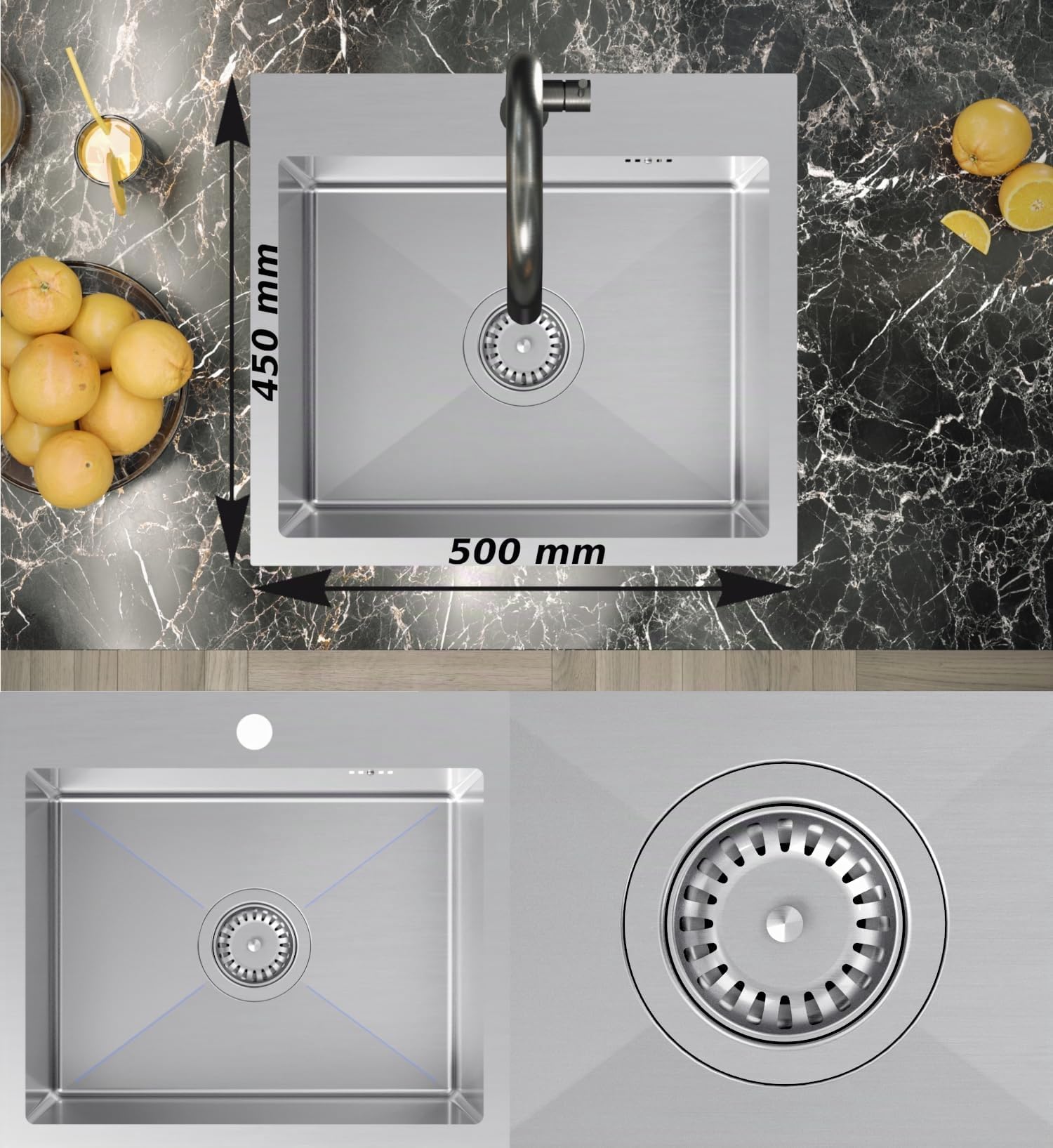 VBChome Edelstahlspüle mit Armatur 50 x 45 cm Gebürsteter Edelstahl Einbauspüle mit Hahnloch Edelstahl Küchenspüle Groß Becken Ablaufgarnitur Siphon Edelstahlspüle Armatur mit Flexiblem Auslauf