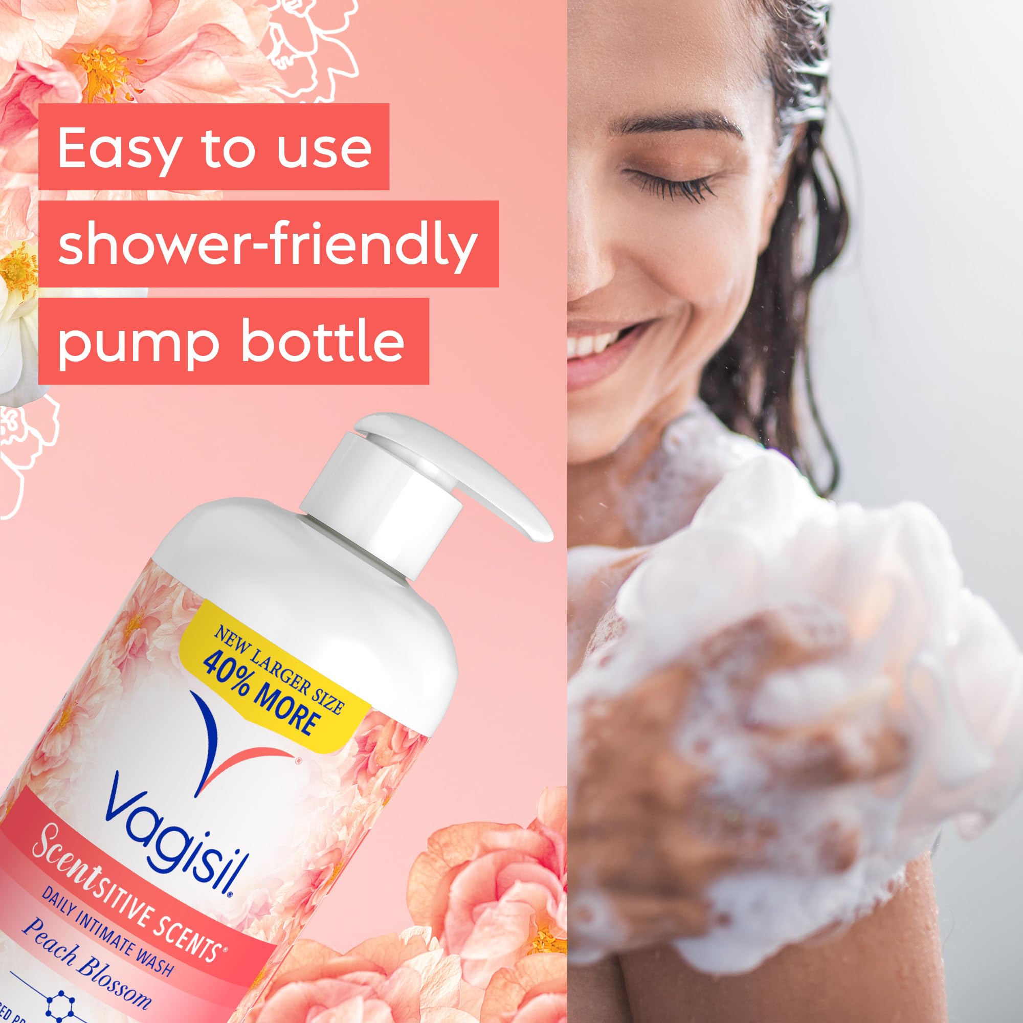Vagisil Feminine Wash for Intimate Area Hygiene, Scentsitive Scents, pH Balanced and Gynecologist Tested, Peach Blossom, 16.9oz with Pump