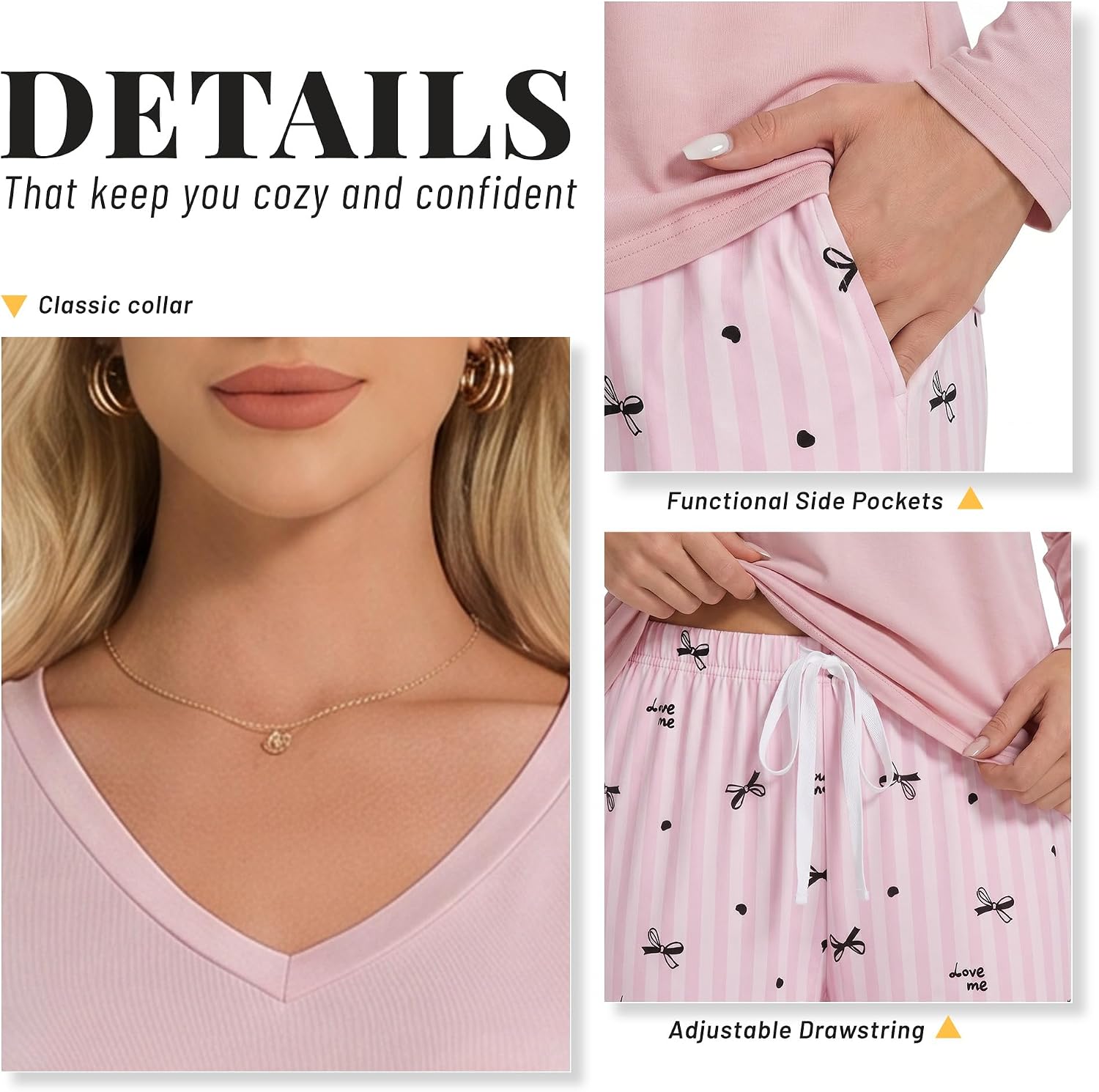 LYCY Women's Pajama Sets 2 Piece Long Sleeve V Neck Soft Sleepwear with Pockets Striped Bow Print Pjs Pants image 4