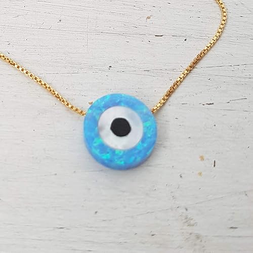 Miniatura 5 de Blue Opal Evil Eye Necklace,10mm created Opal,14k gold filled chain length 16 inch+ extension