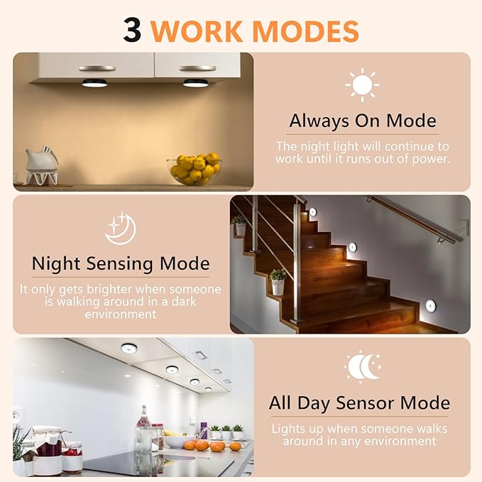 GLVSAE Stick On Lights, LED Puck Lights, Rechargeable Motion Sensor Night Light, 3 Operating Modes, Adjustable Brightness,Under Cabinet Lightins for Bedroom, Closet, Kitchens (2 Pack). photo 6