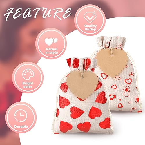 Miniatura 5 de Bolsas de arpillera para el día de San Valentín, bolsas de arpillera con cordón de corazón, bolsas de muselina de lona de corazón de 5 x 7 pulgadas