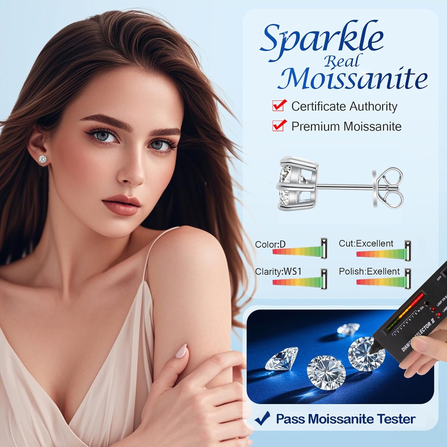 Moissanite Stud Earrings, C6P D Color Ideal Cut 925 Sterling Silver Earrings for Women with Certificate of Authenticity - Image 2