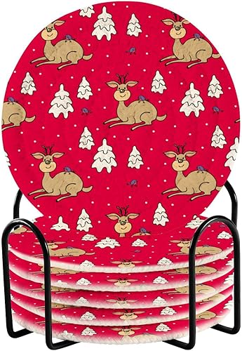 Christmas Cute Deer and Fir Trees Red Coasters Coasters for Drinks Set with Holder 6 Pack Coasters Home Decor