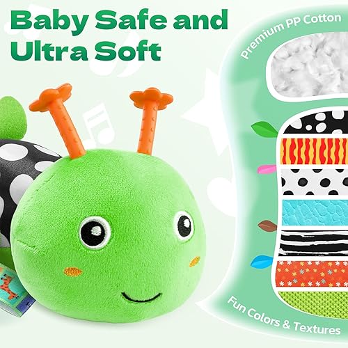 Miniatura 2 de HEMRLY Juguetes para bebés de 0 a 6 meses, juguete sensorial musical de oruga de peluche con espejo de bebé y sonajero arrugado, cuerda de tracción,