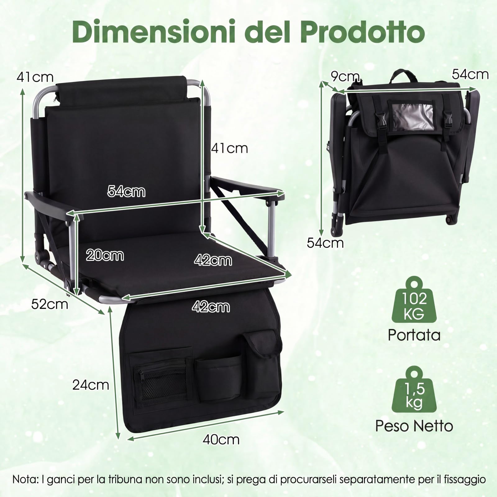 COSTWAY Sedile da Tribuna Pieghevole con Schienale e Braccioli | Struttura in Metallo, Sedia da Stadio Portatile con Tasche Portaoggetti e Portabicchieri per Eventi Sportivi, Portata 102 kg