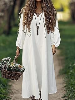 Women's Casual Long Sleeve Dress Crew Neck Smocked Hight Waist Flowy Maxi Tiered Dresses