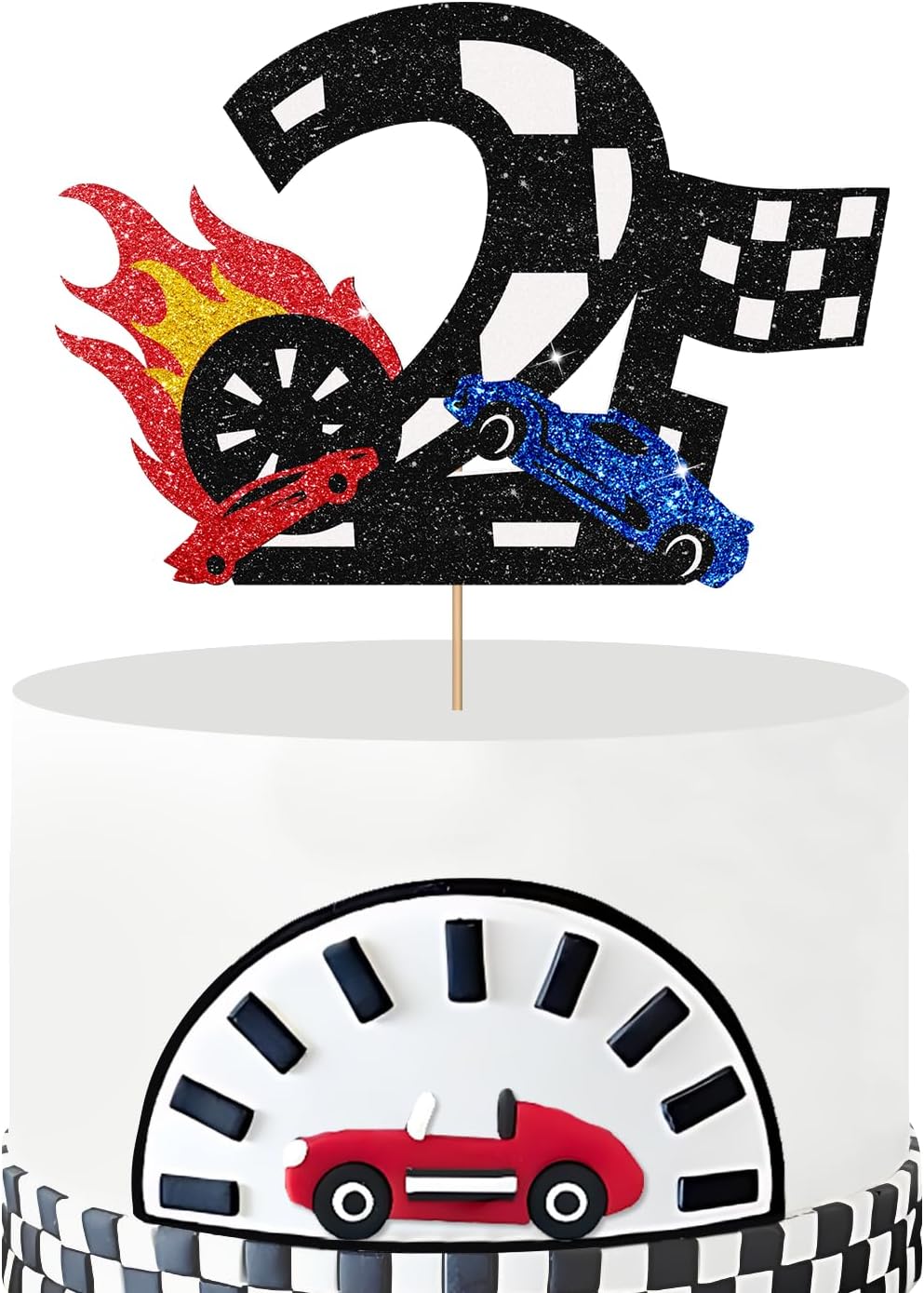 Amazon.com: Race Car 2nd Birthday Cake Topper, Black Glitter Two Fast ...