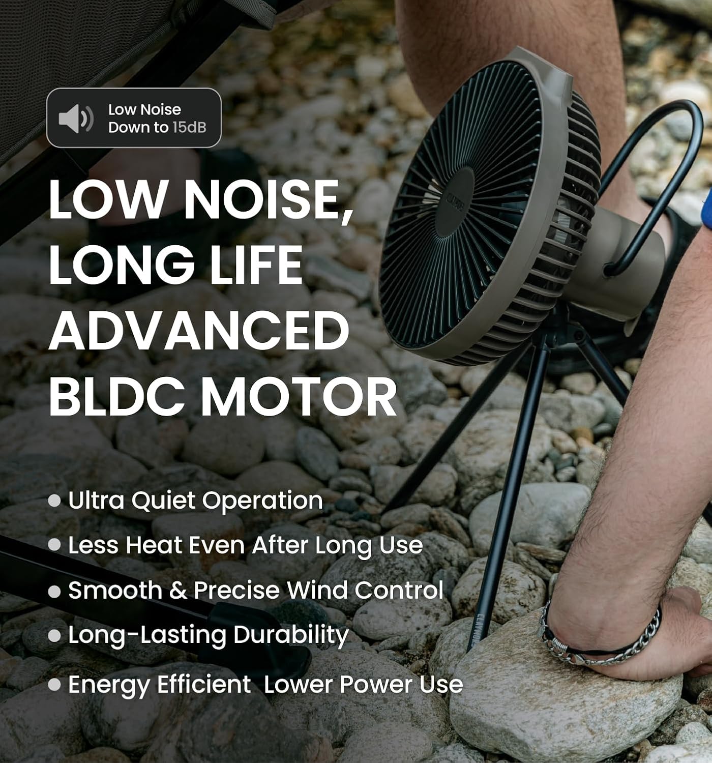 Claymore V600+ Warm Gray Rechargeable Portable Fan – 7,800mAh Battery, 4-Speed BLDC Ultra-Quiet Air Circulator USB-C Charging 32 Hrs Runtime Tripod Mountable Adjustable for Camping, Indoor, Outdoor - Image 5