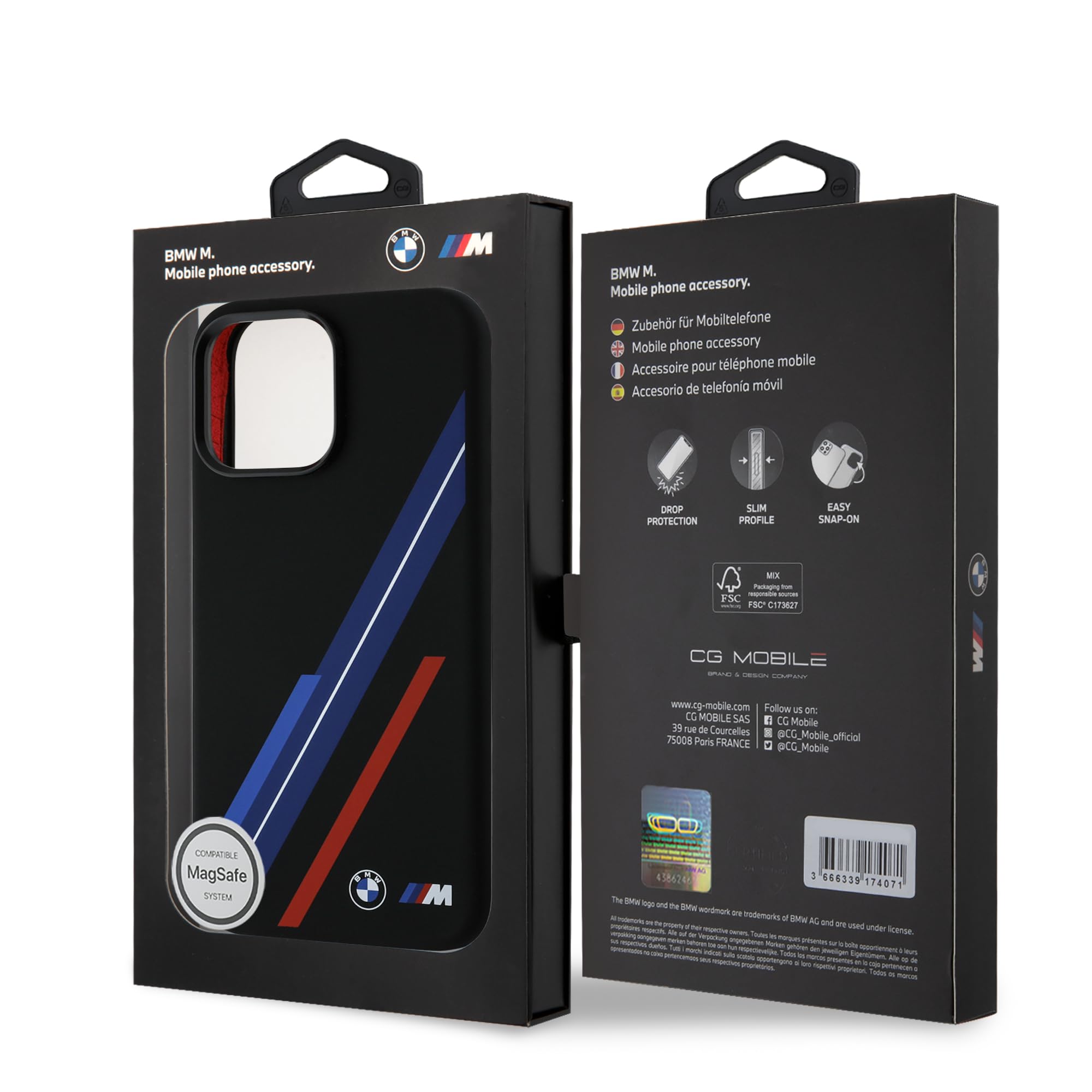 CG MOBILE BMW HC M - Custodia per iPhone 16 Pro Max, durevole, antiurto, compatibile con Magsafe, custodia in silicone con linee casuali nera