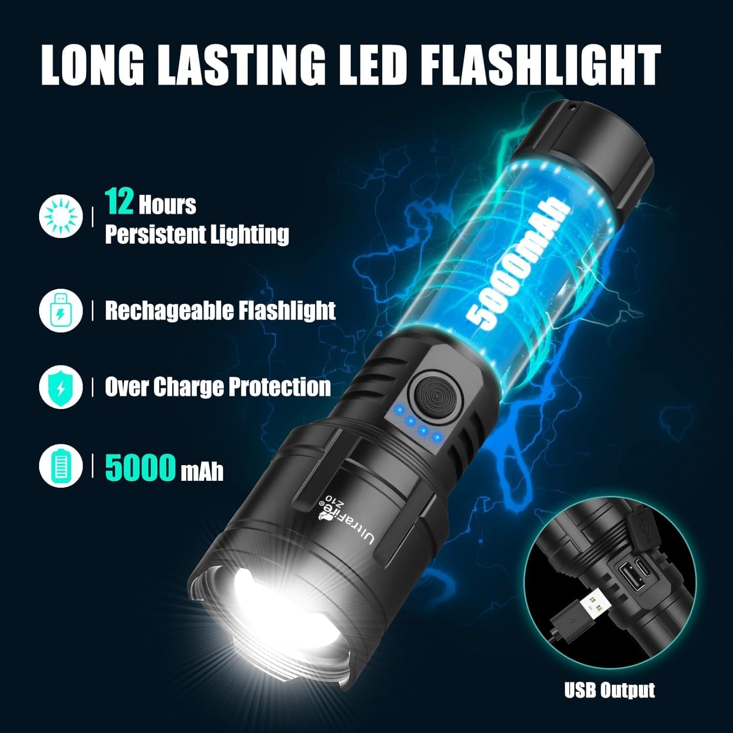 ULTRAFIRE Torcia LED ricaricabile da 1500 lumen con lente Lgnition, torcia tattica zoomabile con fondina per cintura, 3 modalità per campeggio all'aperto escursionismo Z10