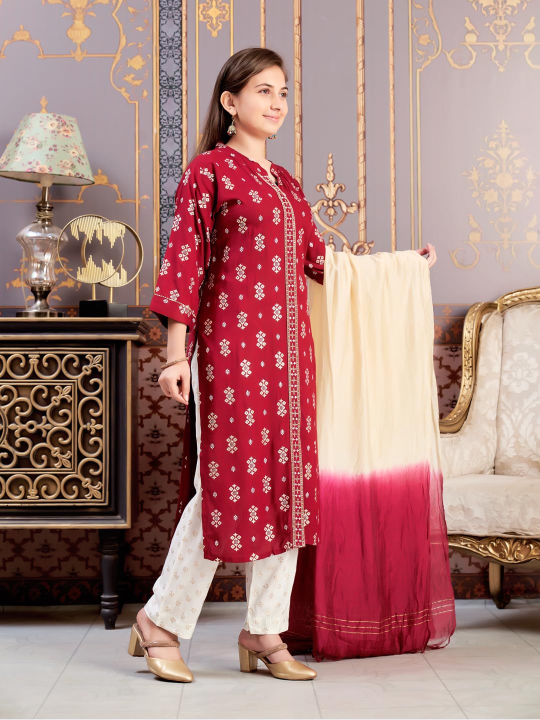 Aarika Girls Ethnic Wear Maroon-Off White Colour Foil Print Rayon Kurti Pant Set-8-15 Years (Kp-Sd-2944)