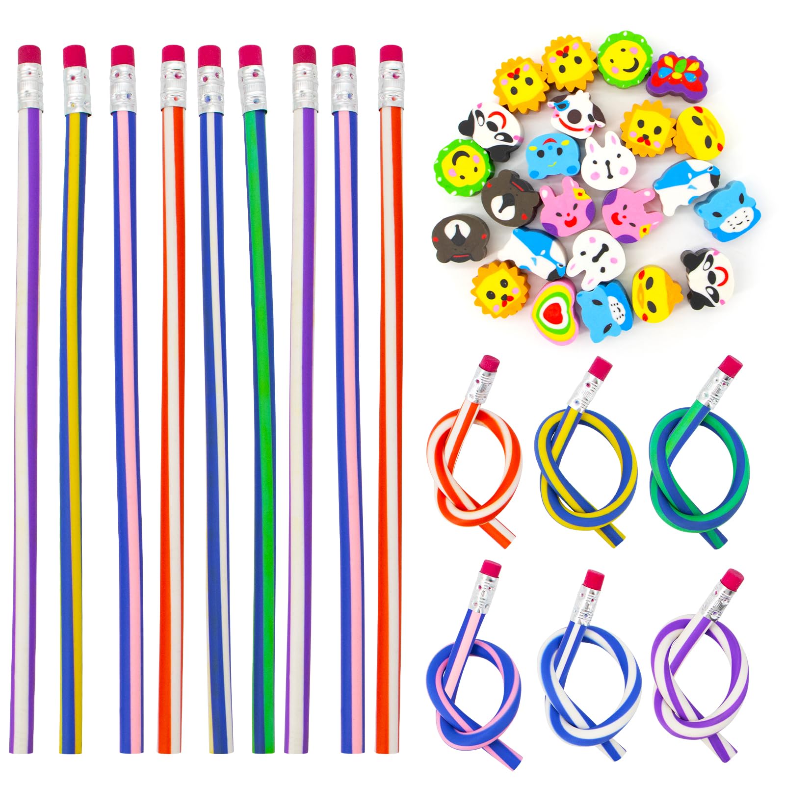 BORISCA Juego de 24 Lapices Flexibles para Niños y 24 Gomas de Borrar, Regalos Cumpleaños Niños Colegio Lapices para Detalles Cumpleaños Regalo Alumnos Fin de Curso (Grano Recto)