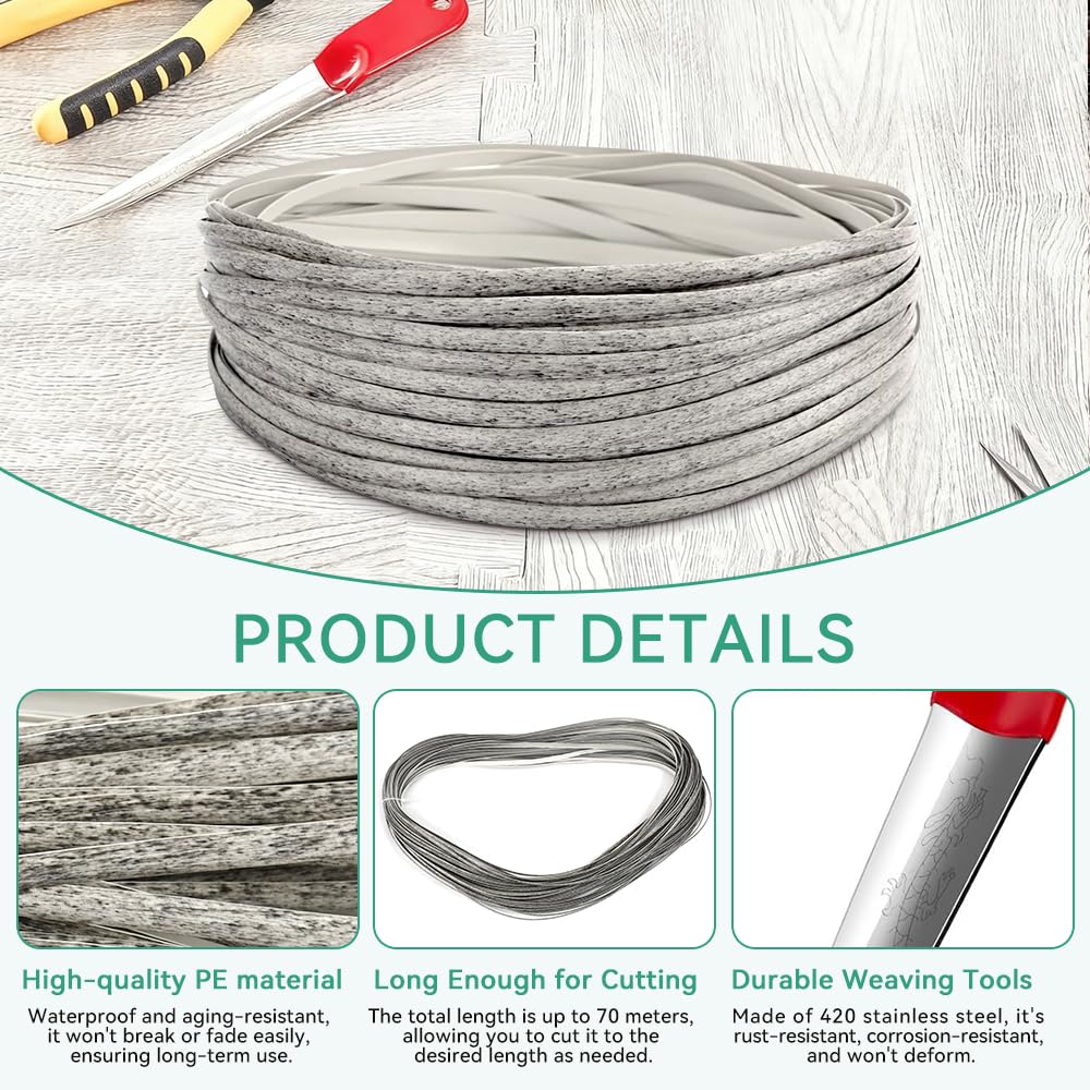 Mimbre de PE por Metros, 70m x 8mm - Mimbre Sintético para Reparación - Kit Reparación Muebles de Jardín, Sillas, Mesas - Ideal para Bricolaje - Color Gris Claro