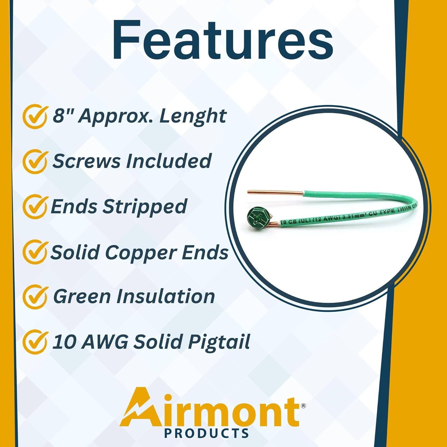 (50 Pack) Airmont 8 Inch 10 AWG Solid Grounding Pigtail, Solid Copper, Edge-Stripped Ground Wire Pigtails with Green Screws for Electrical Boxes