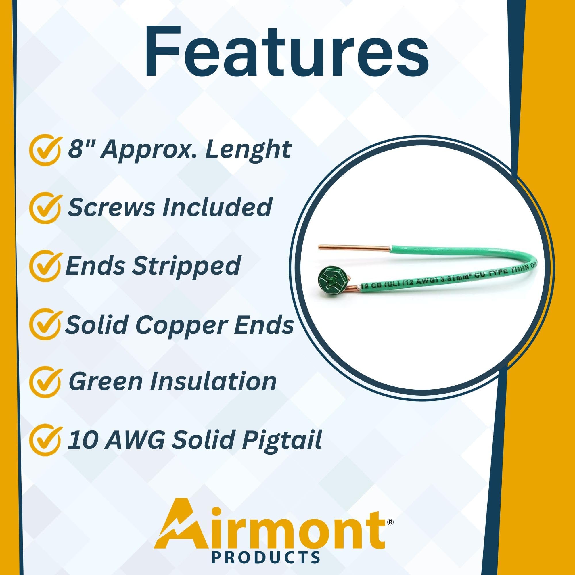 Airmont - Confezione da 50 trecce di messa a terra solide da 20,3 cm, 10 AWG, in rame massiccio, con viti verdi per scatole elettriche