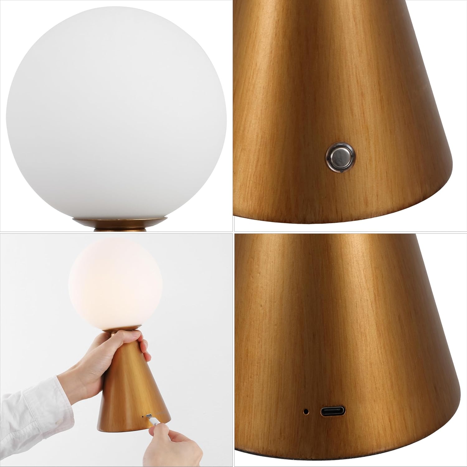 JONATHAN Y 11.75" Antique Gold Macie Modern Globe Cordless Table Lamp Set of 2, Rechargeable Dimmable Integrated LED Touch Sensor Bedside Lamp, White Frosted Glass Shade (JYL7159D-SET2)