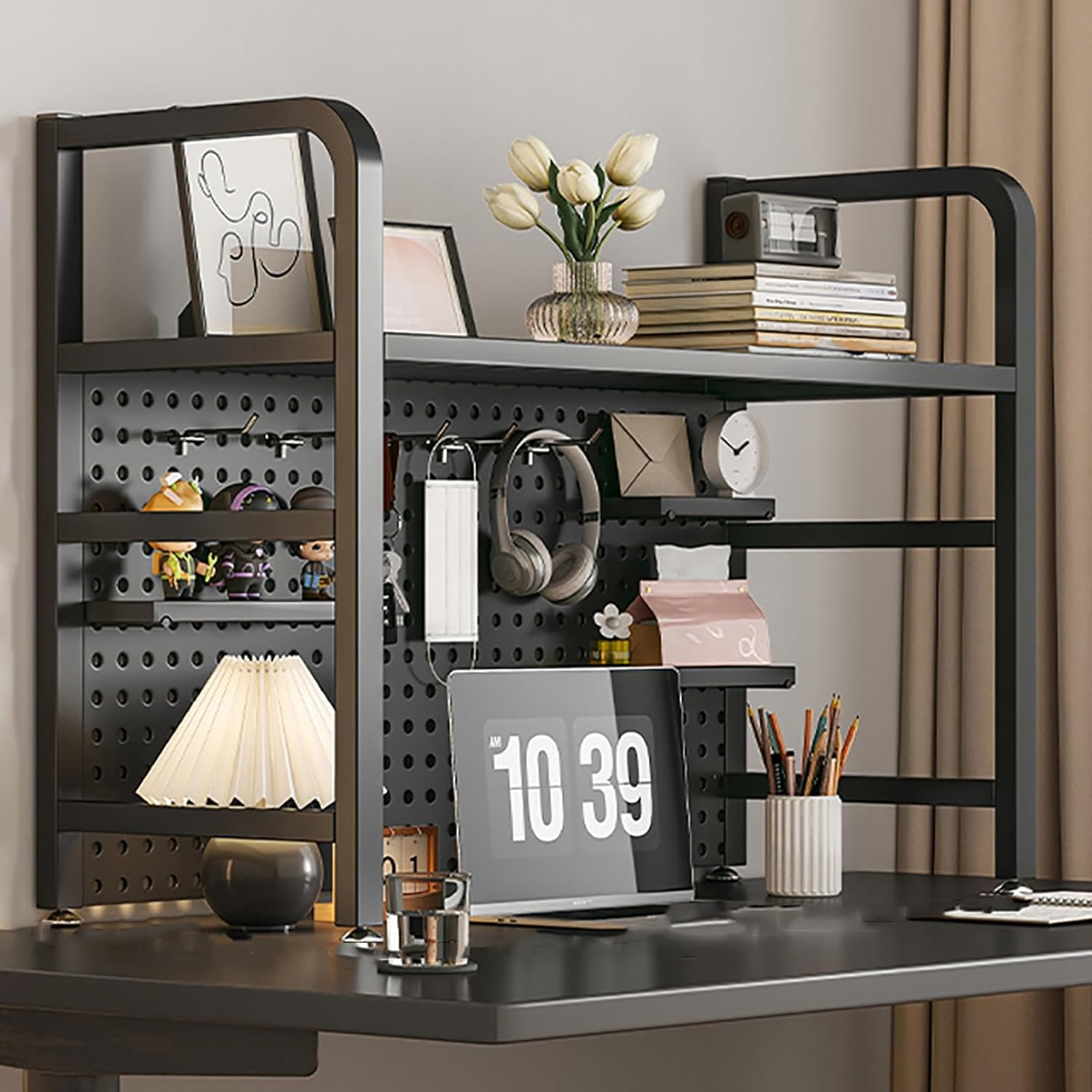 Wall Mounted Storage Pegboard,Wooden Pegboard,Desk Extender Organizer Shelf with Pegboard Display Stand Heavy Duty Load Bearing Capacity 50kg/110lb Desk Workstation for Table Accessories (Bl