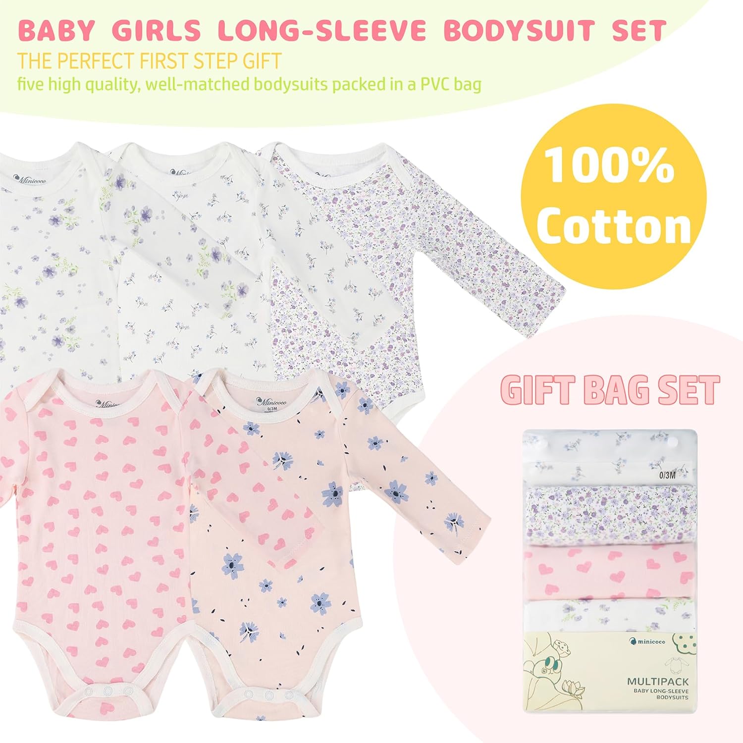 Baby Girls Long-Sleeve Bodysuit,100% Cotton 5 Pack One-Piece Baby Clothes,0-24 Months Soft Baby Girls Rompers - Image 4