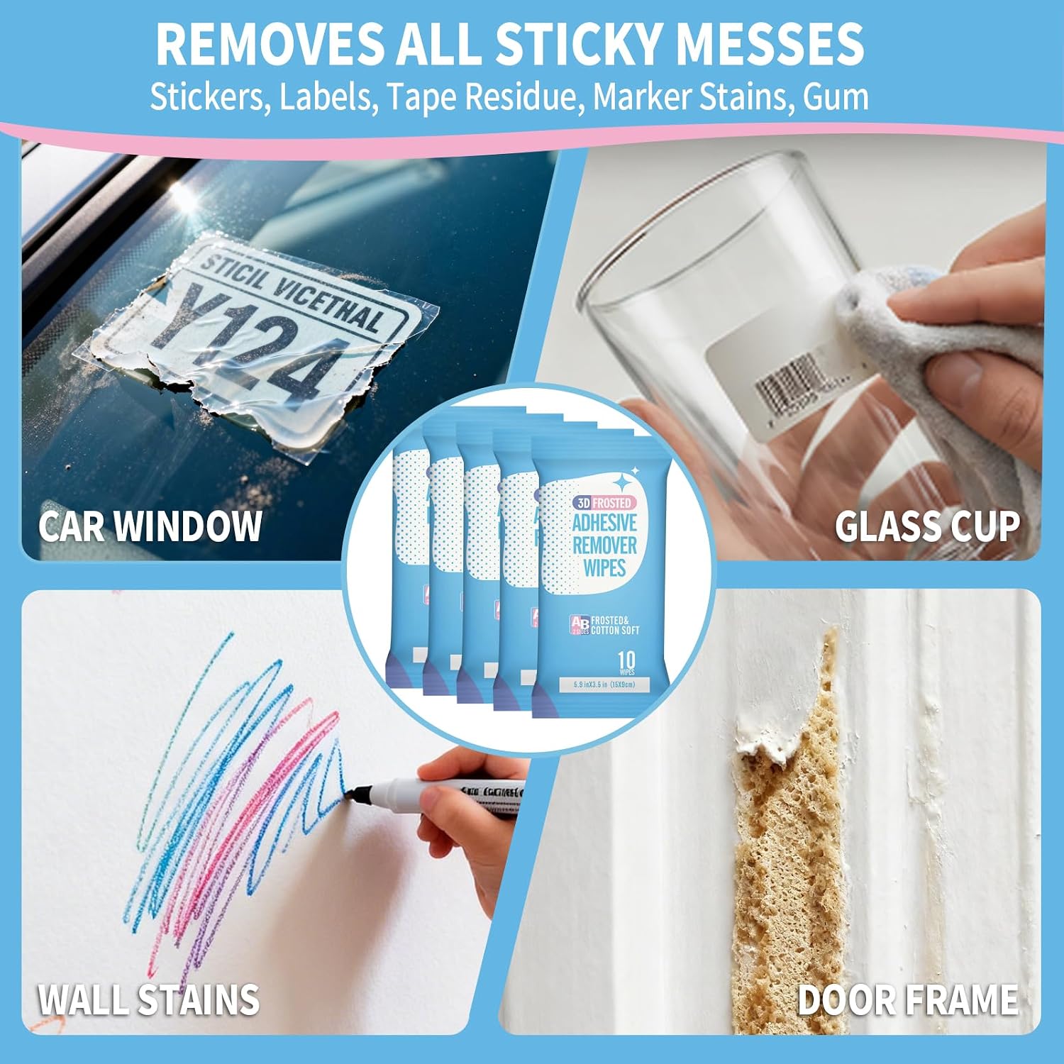 Creatyi 40 Pcs Large Size 3D Frosted Double-Sided Material Adhesive Remover Wipes Label Remover Sticker Remover Remove Labels, Stickers, Tape, Double-Sided Tape, and Removable Adhesive.