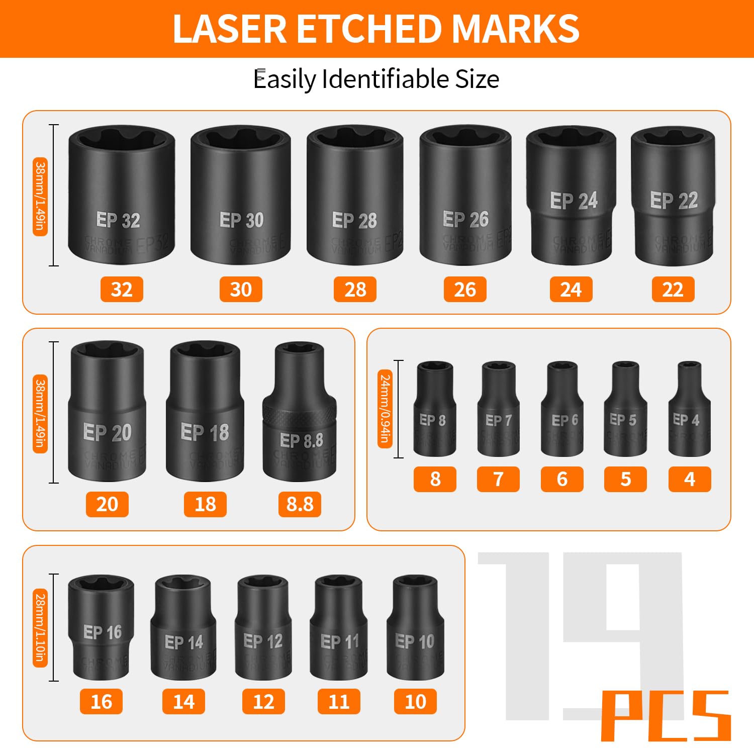 19 Pcs External Torx Plus Socket Set 6 Point Ep Socket & Torque Socket Set,Inverted Torx Socket Set,E Torx Socket Set,Cr-V Steel Ep4-Ep32 With 1/2'' 3/8'' 1/4'' In A Sturdy Box