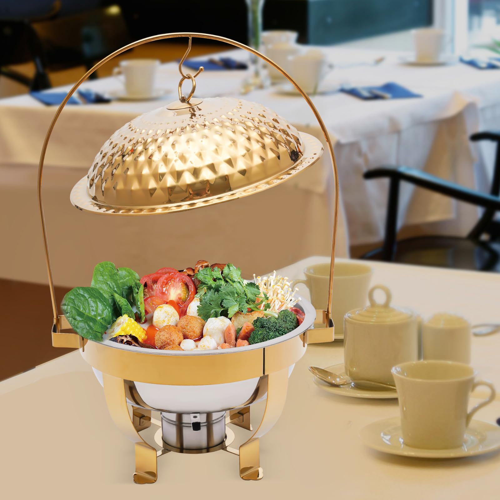 Chafing Dish Buffet Set, 4.7 Quart Stainless Steel Chafer, Round Buffet Servers and Warmers Set Warming Tray for Entertaining & Catering (Gold)