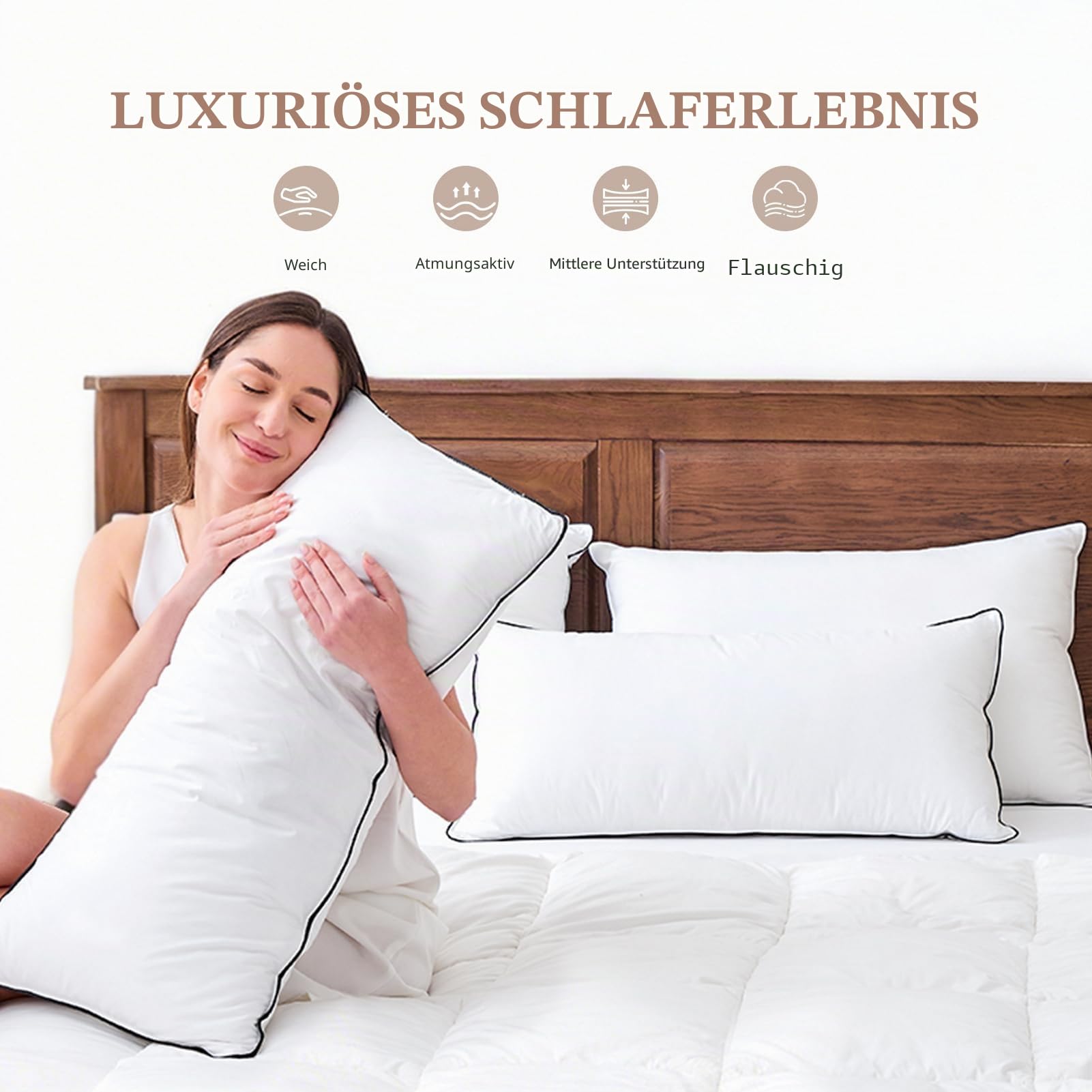DWR Daunenkissen 80x80 cm (2 Stück) | 3-Kammer Kopfkissen | 90% weiße Gänsedaune Außen | Feder-Mischung Innen | 100% Bio-Baumwollbezug | Mittlere Unterstützung Schlafkissen | RDS und Oeko-TEX
