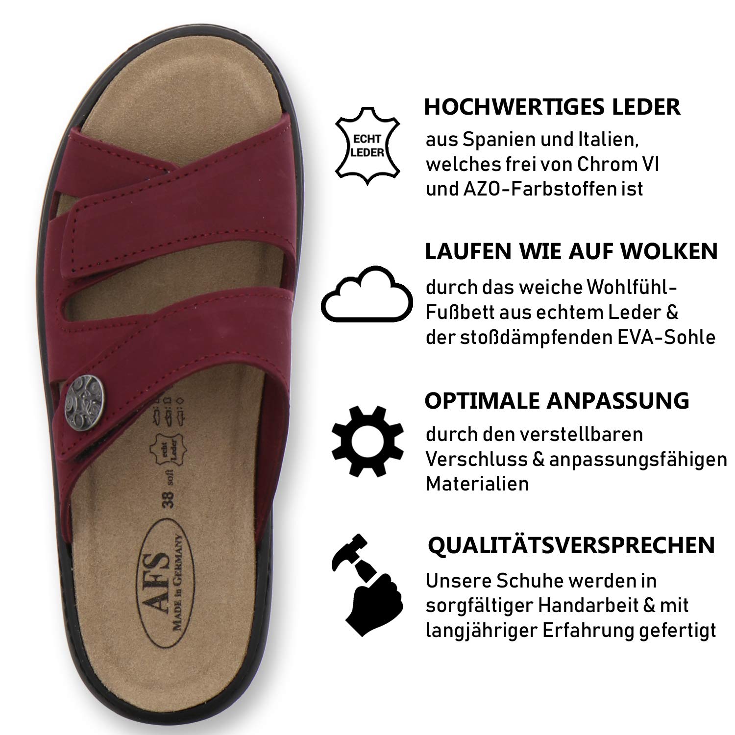 AFS-Schuhe 2808, komfortable Damen-Pantoletten aus Leder, praktische Arbeitsschuhe mit Wechselfußbett, Bequeme Hausschuhe