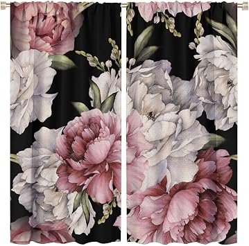 Black Boho Floral Curtain Vintage Watercolor Rose Peony Retro Pink Blossom Flowers Rustic Spring Lea for Home Kitchen Restaurant Decoration Drapes 2 Panels 52x84in, Style-3