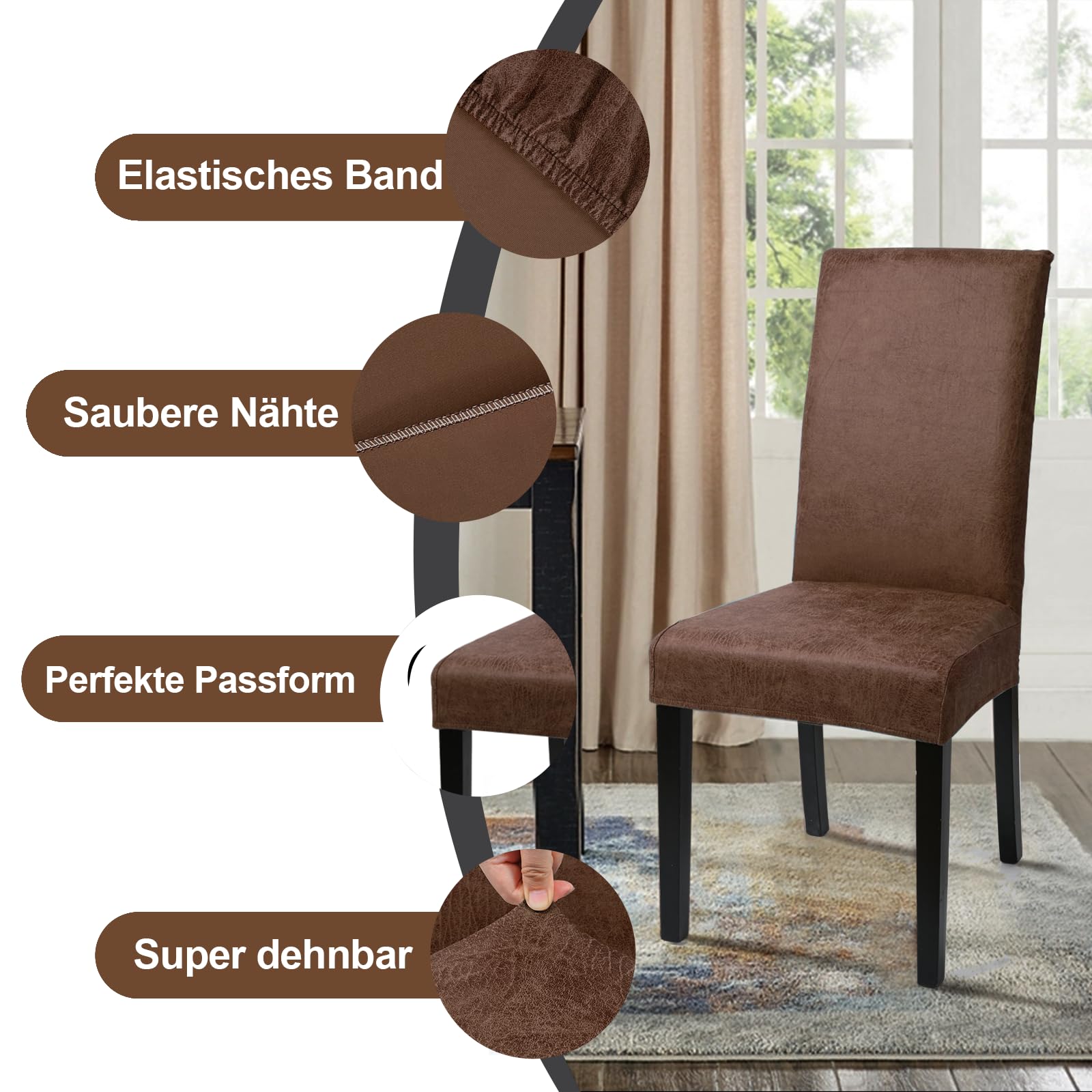 Alishomtll Set di 6 coprisedia in pelle scamosciata, stile vintage, in poliuretano, elasticizzato, universale, per sala da pranzo, rimovibile, lavabile, per cucina, ristorante, hotel (marrone, 6 pezzi