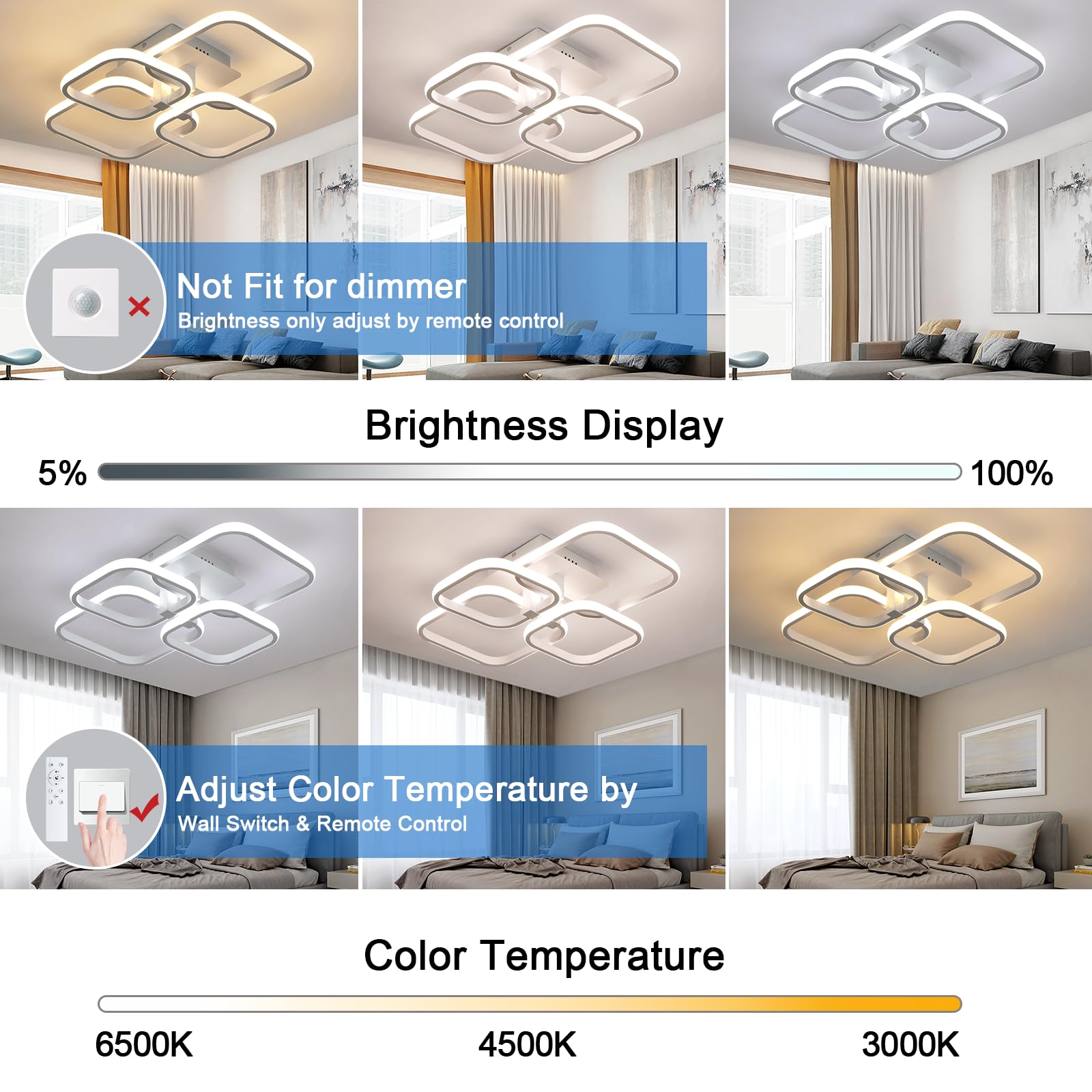 Comely 48W Lámpara de Techo LED, 4 Cuadrado Geometría 5400LM Plafón Moderno | Blanco Luz LED Techo con Mando a Distancia 3000K-6500K para Dormitorio