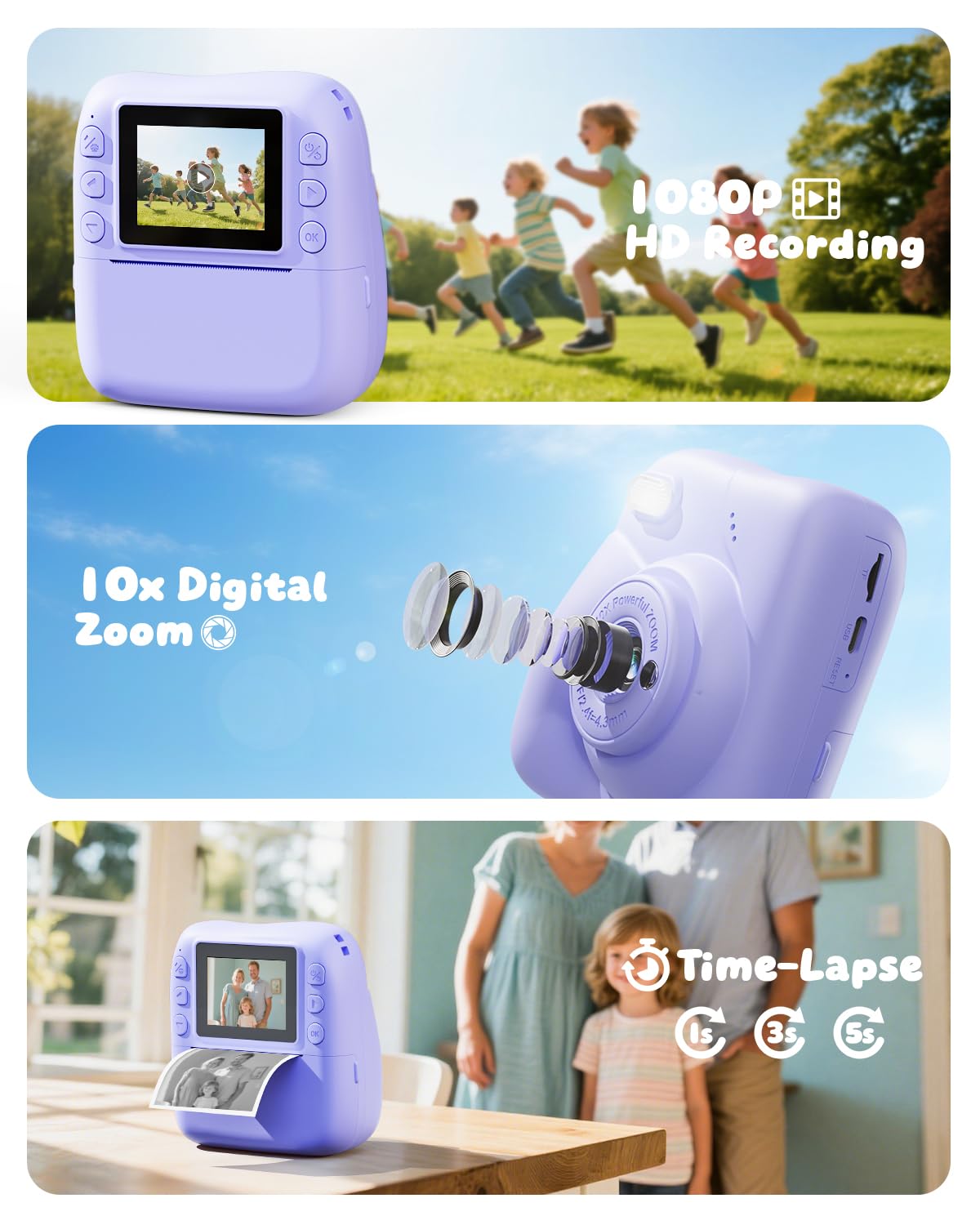 CAMCLID Macchina Fotografica Bambini Istantanea, 1080P HD Macchina Fotografica Istantanea 48MP con Scheda da 32 GB e 3 Rotoli di Carta da Stampa, Regalo per Ragazze Ragazzi da 3-12