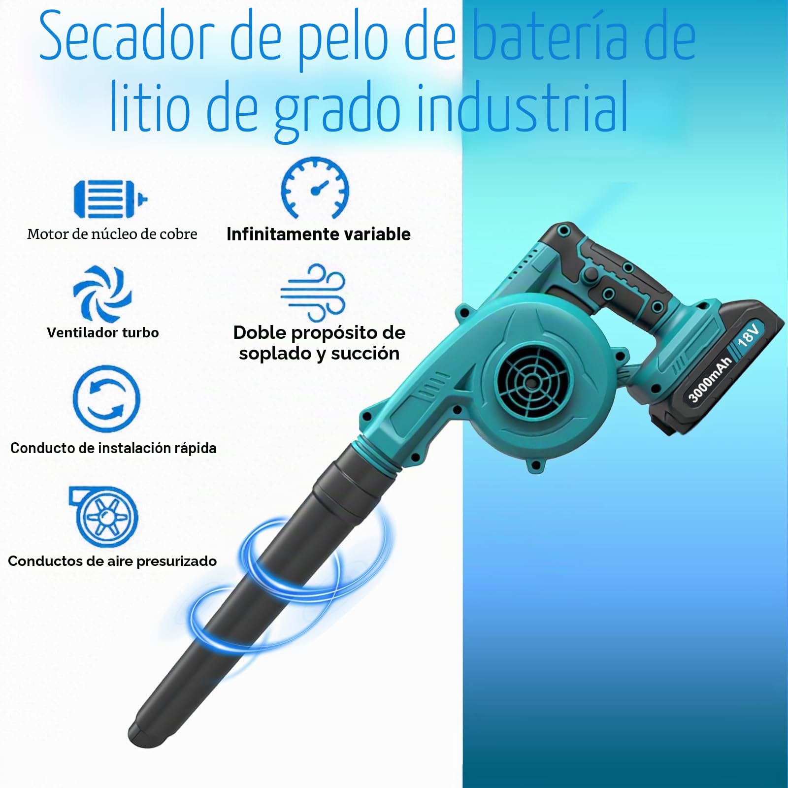 Soplador de Hojas inalámbrico, con 2 baterías de 3000 mAh de 18 V, 2 en 1, soplador de Hojas eléctrico de construcción Ligera y Aspirador para el Cuidado del césped, Burbujas de Hojas | Motor de núcleo de cobre de 16000 rpm. Regulación de velocidad contin