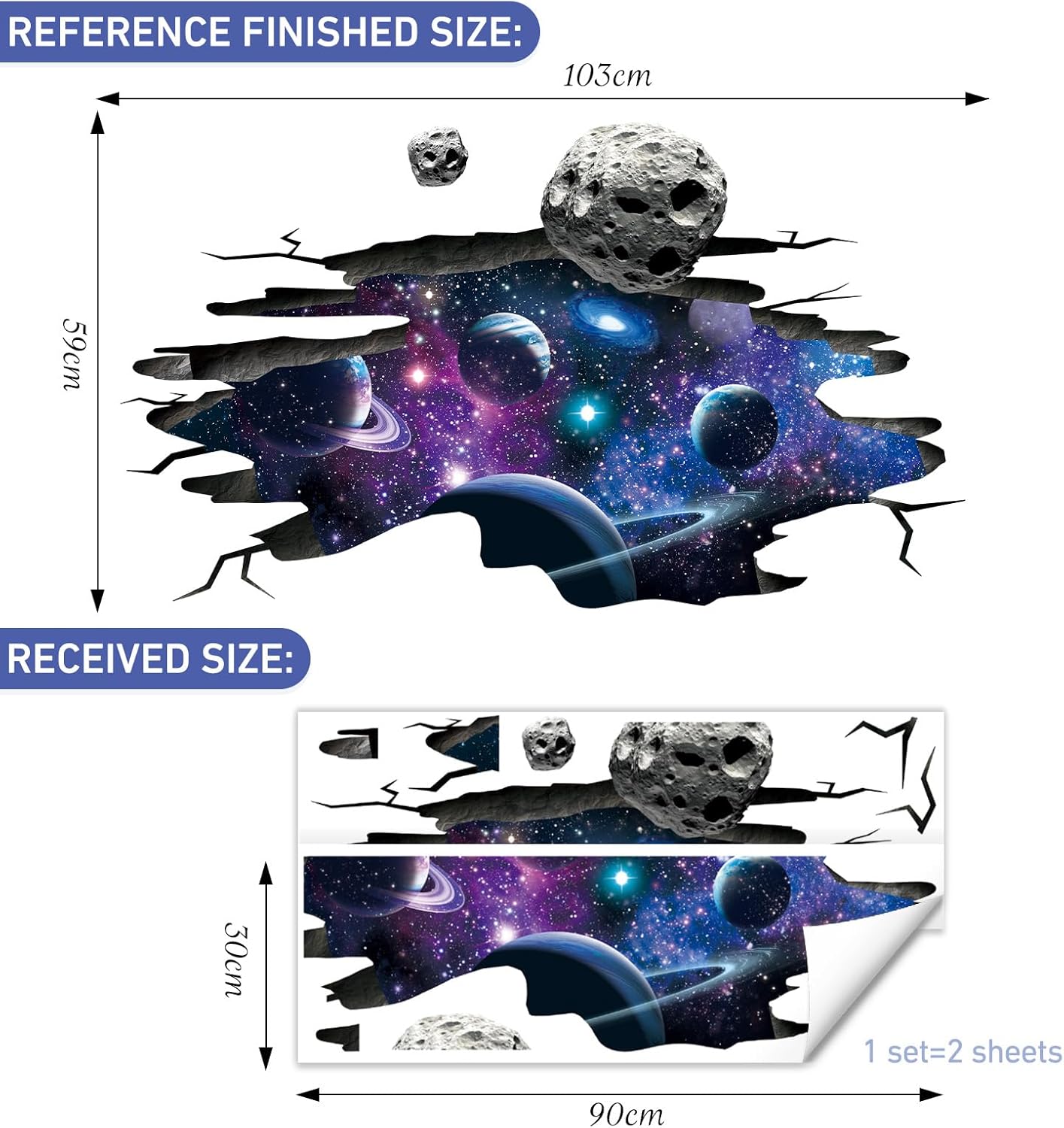 SHUCHING 3D Galaxy Wall Decals Peel and Stick, Vinyl Blue Purple Space Wall Sticker for Ceiling, Home Decor for Nursery Boy Girl Playroom Bedroom Floor