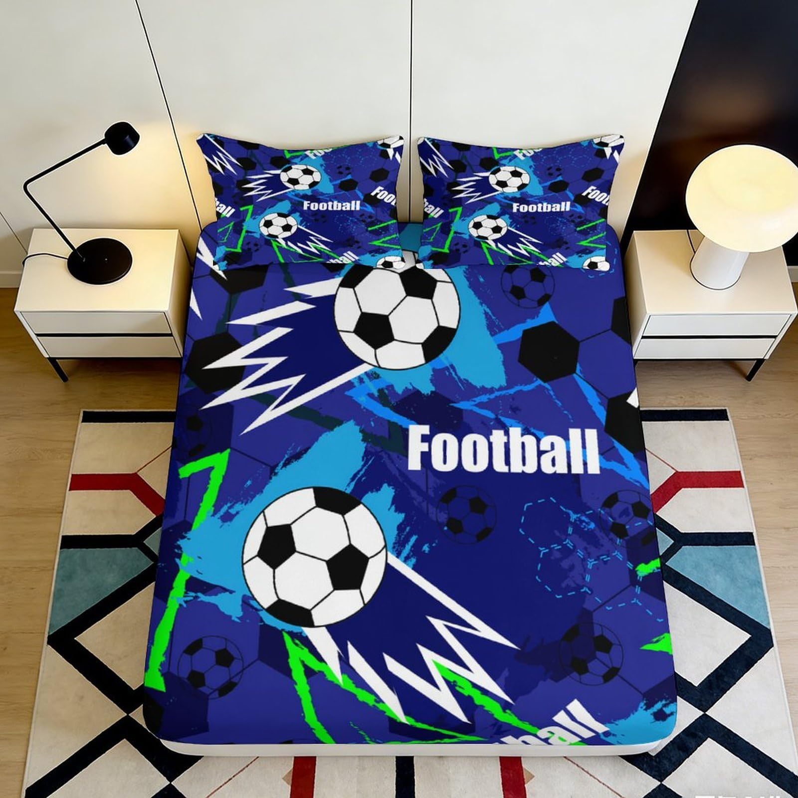 3D Printed Football Theme Fitted Sheet Microfiber Deep Pocket Non-Slip for Adult Bedroom Bedding Football Mattress Fitted Cover Washable 200x200x25cm 90x200x25cm