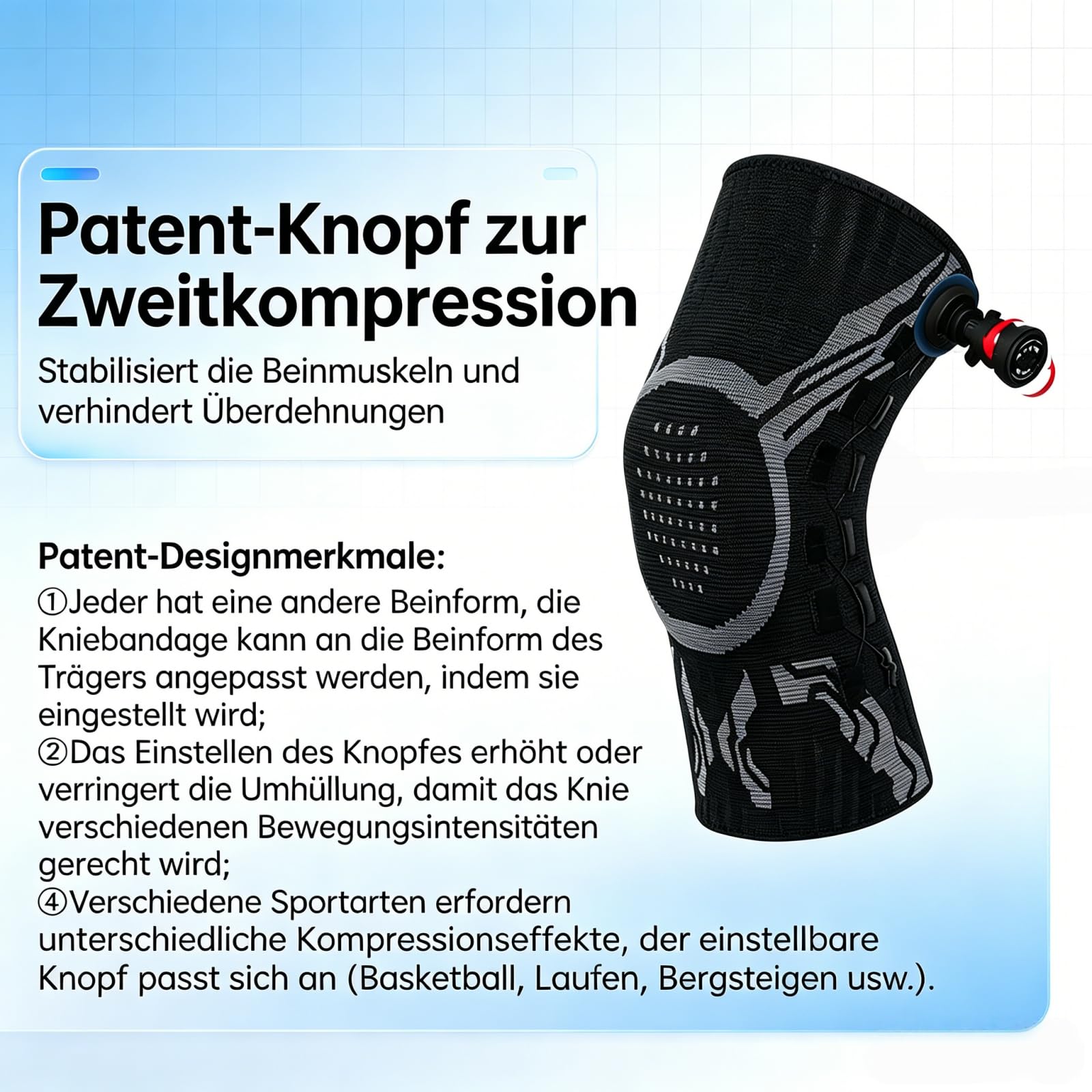 VILAO Kniebandage mit Drehverschluss, Patellarschutz, 3D-Kompression & Rutschfest für Alltag, Büroarbeit, Laufen, Wandern, Fitness & Sport zur Gelenkunterstützung (2 Weiß,M)
