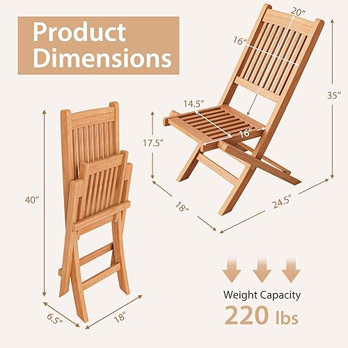 Miniatura 3 de Giantex Sillas plegables para patio, sillas de madera de teca indonesia para exteriores con asiento y respaldo de rejillas, silla portátil de