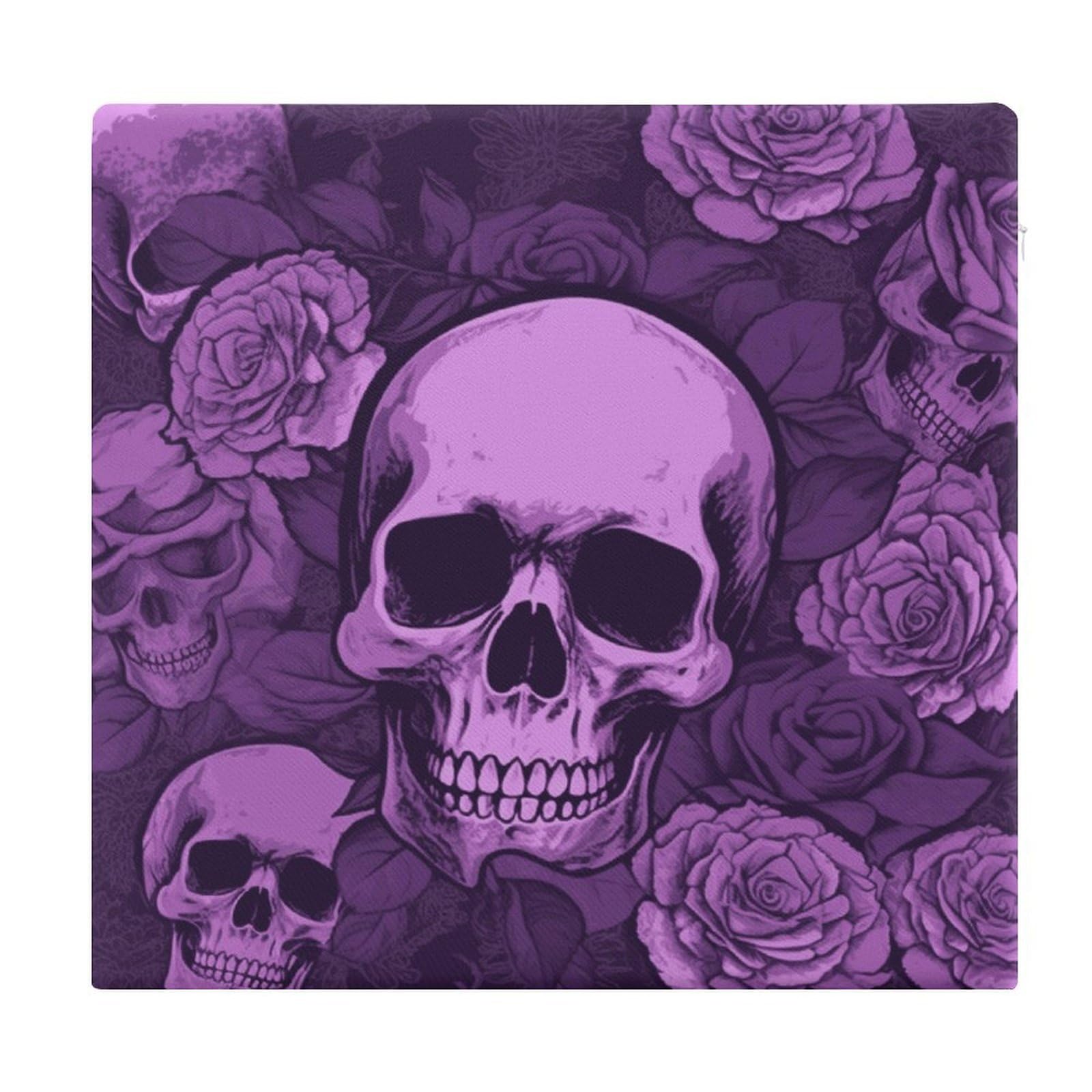 FekiLoot Purple Skulls and Roses Seat Cushion for Dining Chairs Breathable Square Chair Pads Memory Foam Chair Cushions Comfortable Non-Slip Seat Pad Meditation Floor Pillow 13.8”x15”
