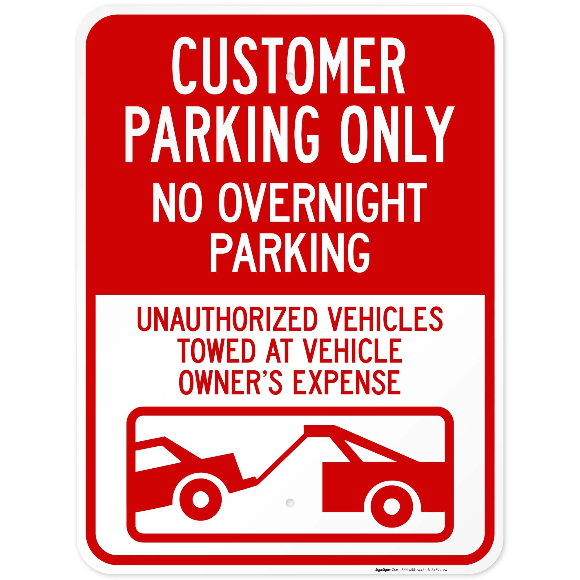 Customer Parking Only No Overnight Parking with Graphics Sign, 18x24 Inches, Rust Free .063 Aluminum, Fade Resistant, Made in USA