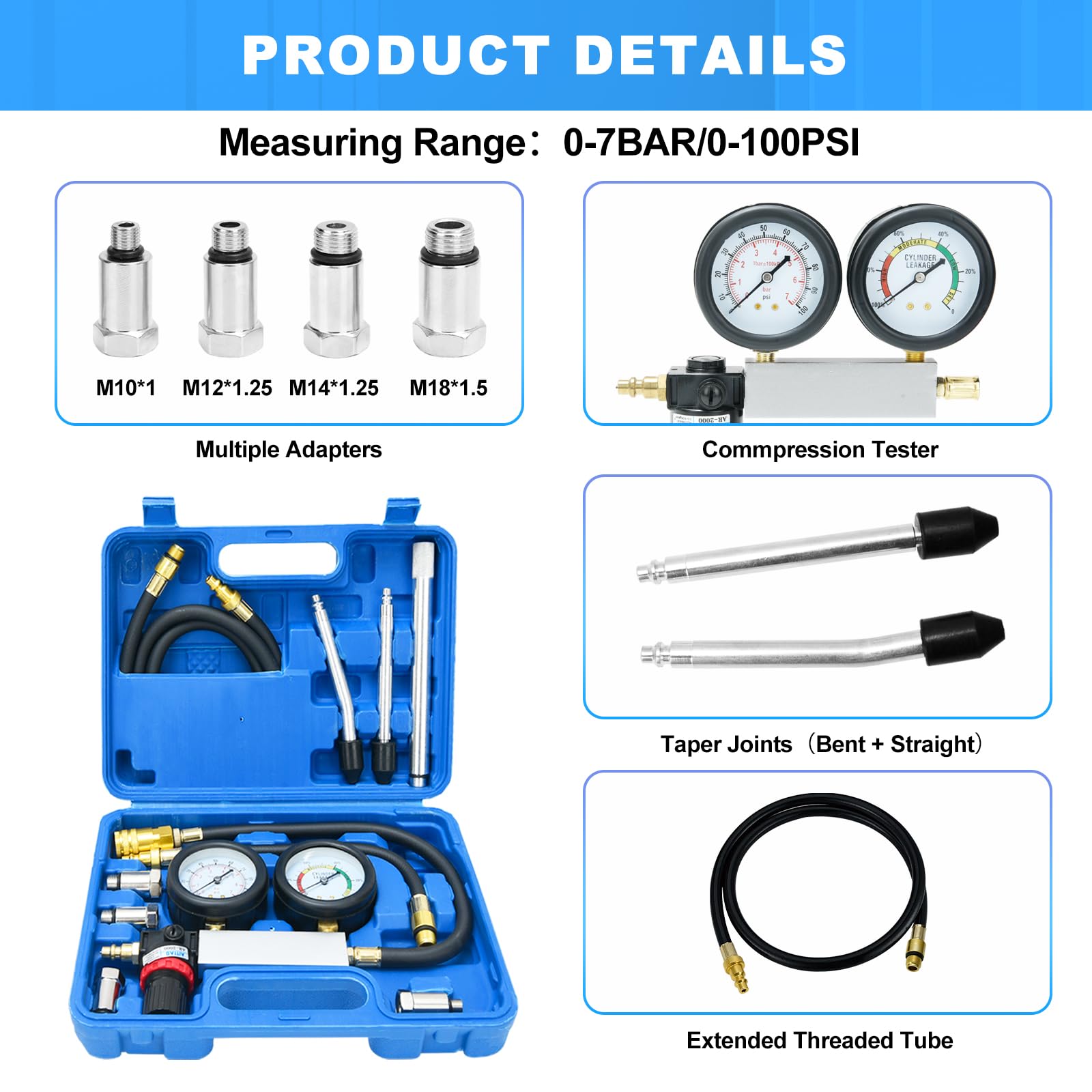 TU-21 Set di tester di compressione, kit per tester di perdite di cilindri, kit per auto, rilevatore di perdite di compressione del motore, set di strumenti con asta di prolunga, 0-7 bar e 0-100 PSI