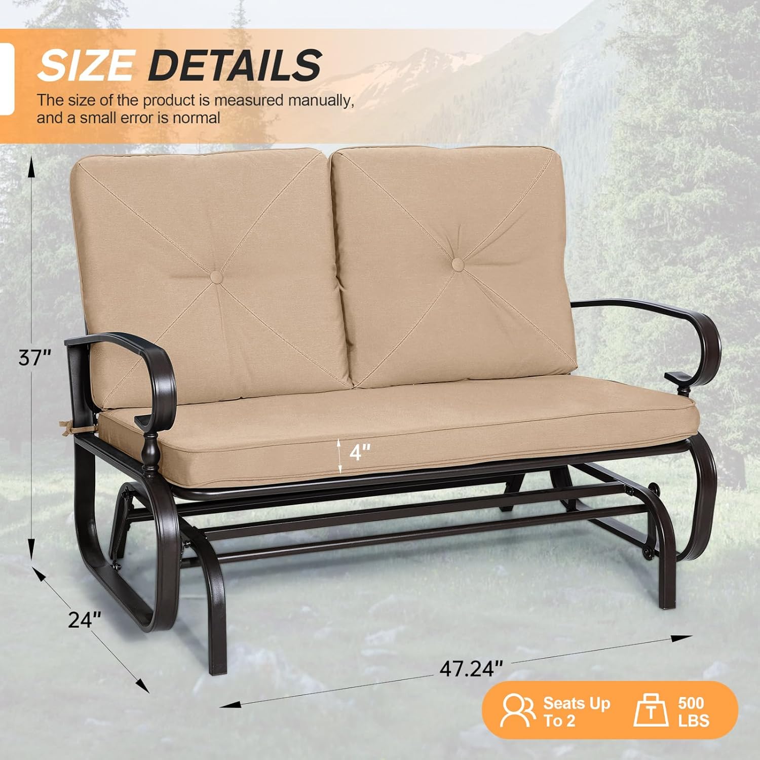 Outdoor Loveseat Patio Swing Glider Bench 2 Seats Rocking Chair, Wrought Iron Chair Set with Brown Cushion
