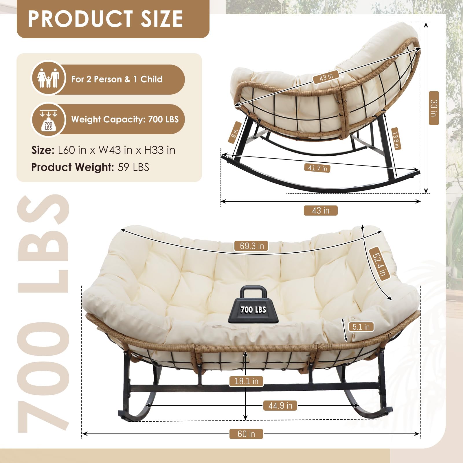 RADIATA Double Rocking Chair, Outdoor Egg Rocker for 2, Oversized Wicker Papasan Lounger Chair with Cushion, 700lbs Weight Capacity, Wide Lounge Loveseat for Patio Garden (Beige Without Footrest)