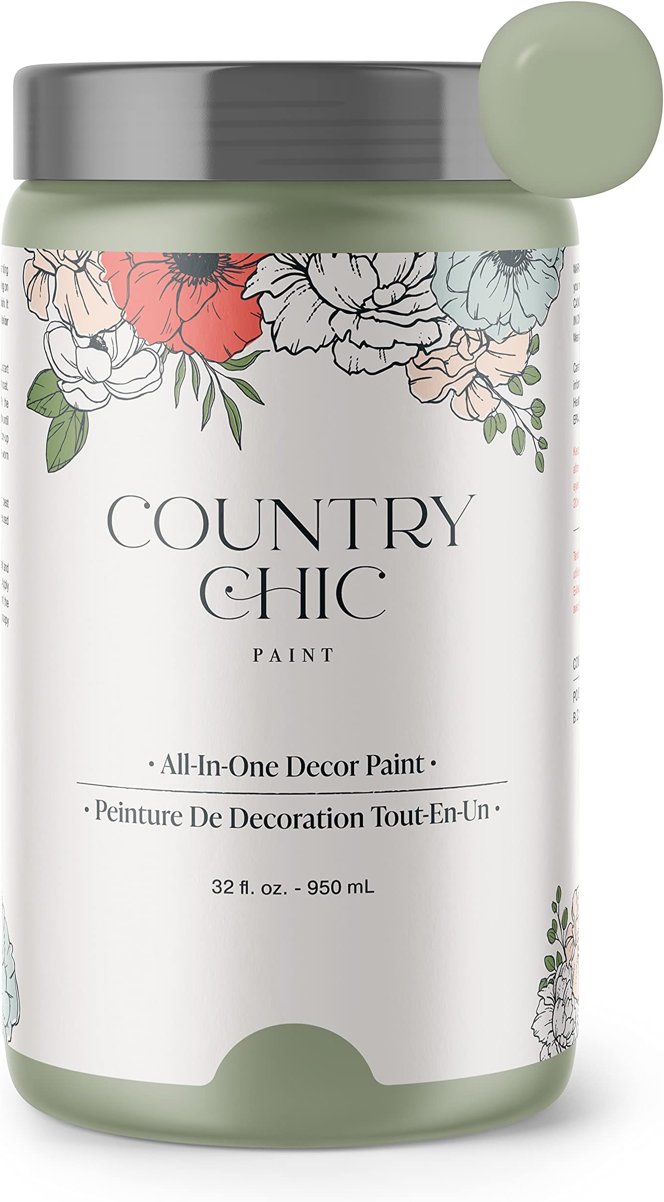Country Chic All-in-One Chalk Paint for Furniture, Cabinets, Home Decor, Eco-Friendly, Matte Finish, Built-In Primer & Top Coat for Wood, Metal - Sage Advice (sage Green) - Quart 32 oz (950 ml)
