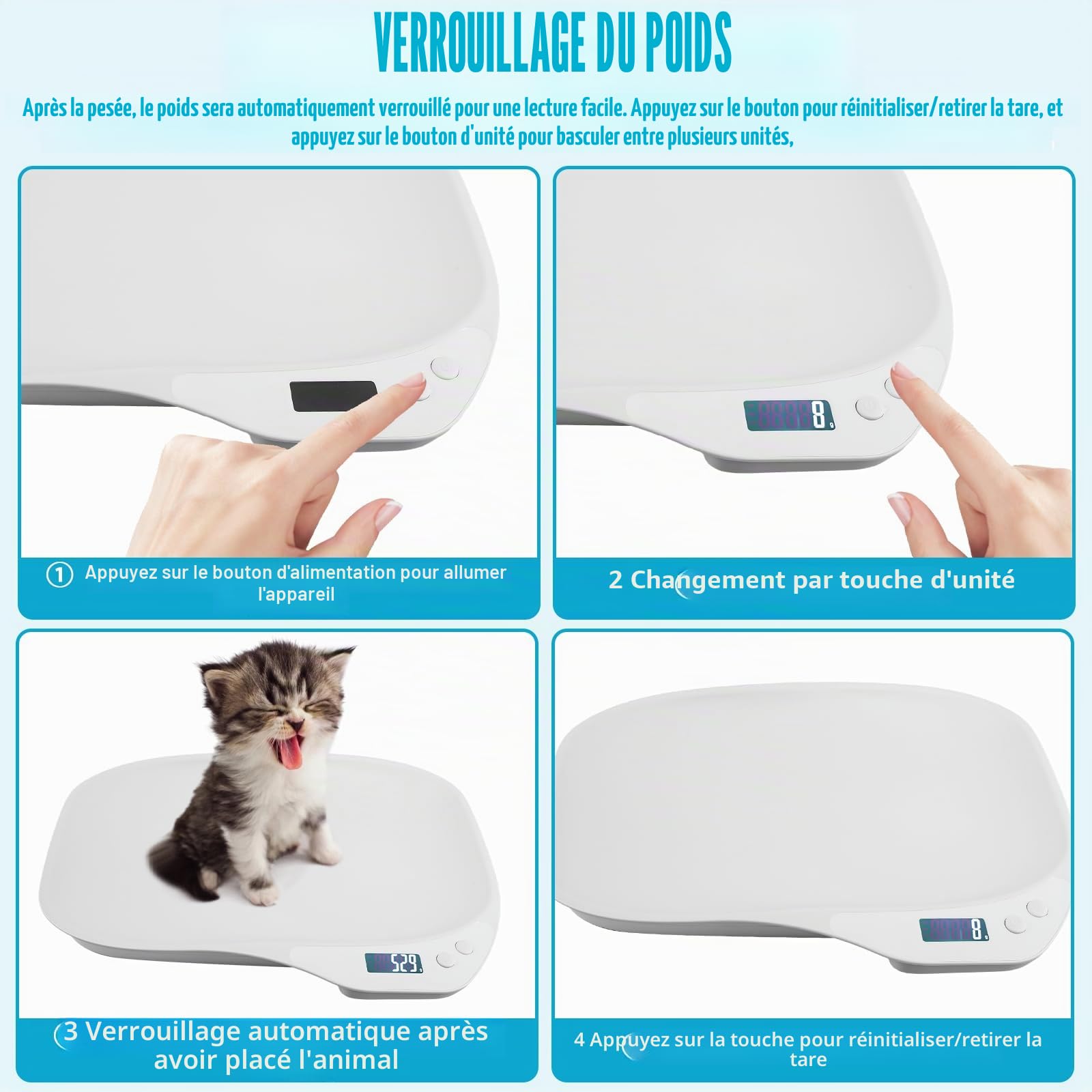 GBKDQQ Pèse-chien pour petits animaux 15 kg (± 1 g) avec 4 modes de pesée (kg/oz/lb/ml) pour chatons, chiots, hamsters, petits oiseaux, lapins