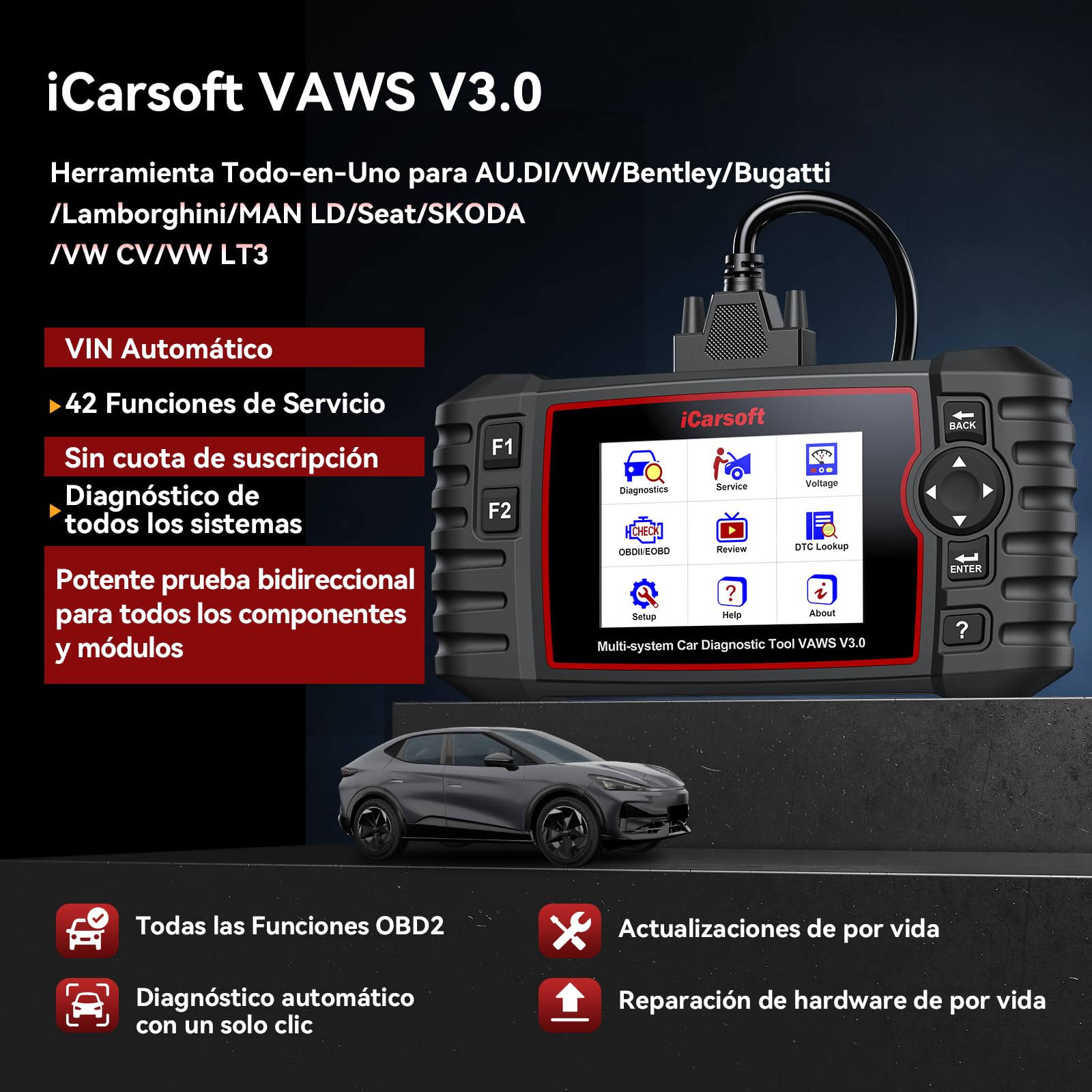 iCarsoft VAWS V3.0 OBD2 Máquina Diagnosis Coche para V.W/AU.DI/Skoda/Seat, Bidireccional Escáner de Todo el Sistema, 42 Funciones Reinicio, Prueba de Batería, Auto Vin, Actualizaciones de por Vida