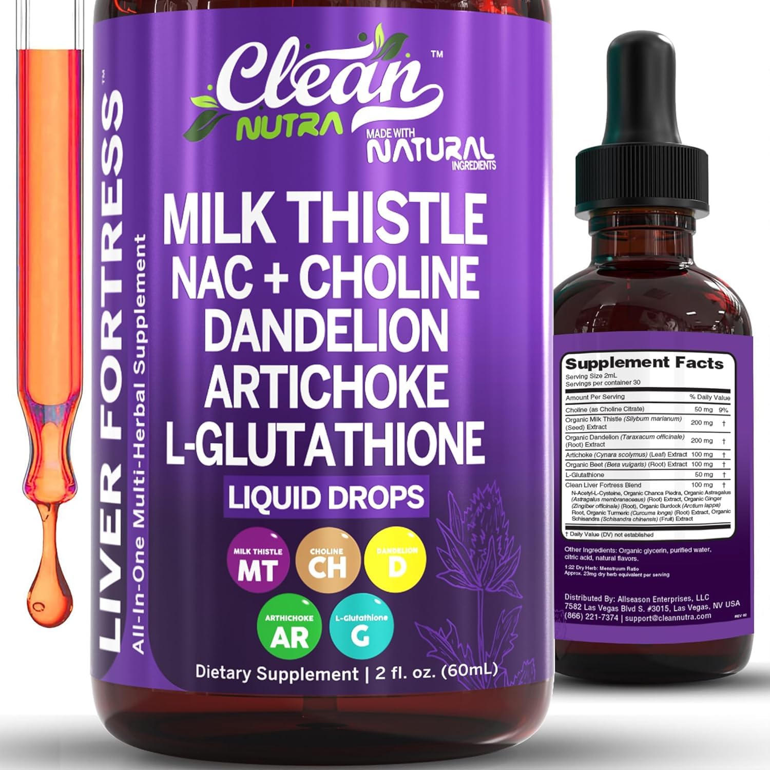 Clean NutraceuticalsMilk Thistle NAC Liver Cleanse Detox & Repair Supplement Liver Support Liquid Drops with Dandelion Extract, Artichoke, Chanca Piedra, Choline, L-Glutathione, Burdock, Schisandra