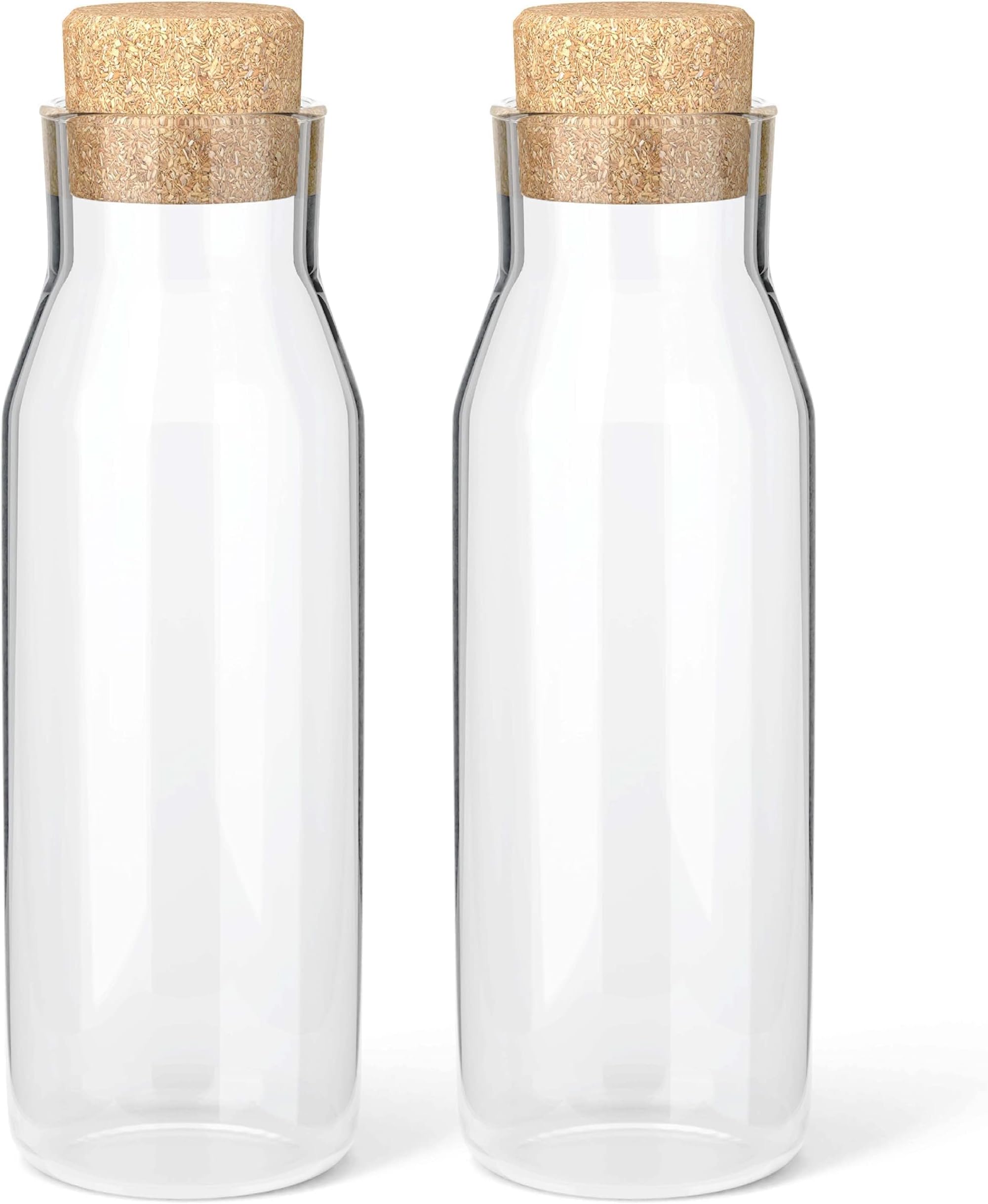 HEFTMAN Set of 2 Glass Carafe, 1 Litre, Clear Glass Bottle for Hot and Cold Drinks, Water Carafe Glasses with Cork Lid, Refillable Fabric Softener Cans with Stopper, Pack of 2