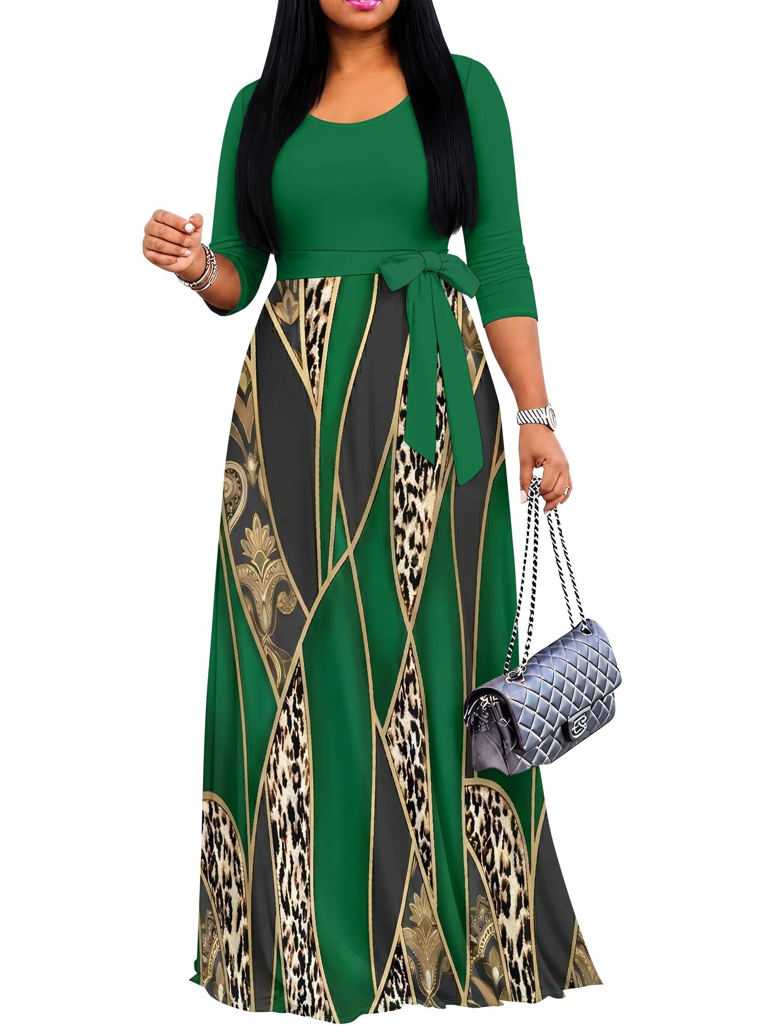 PinkPatty Women's Print Maxi Dresses 3/4 Sleeve Flowy Long Dress V Neck Wrap Tie Waist Sundress